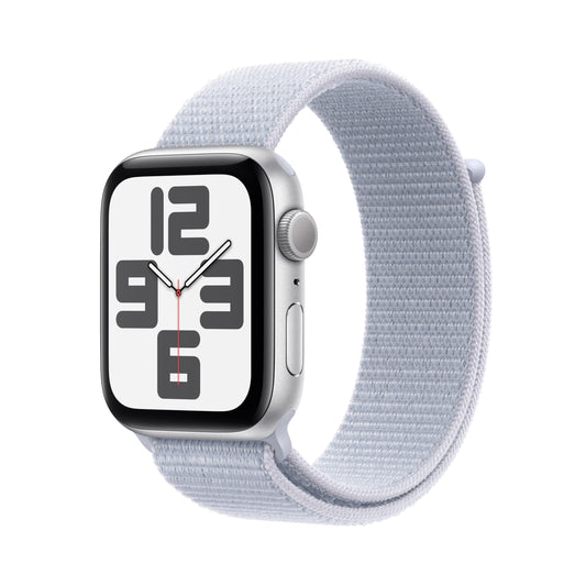 Apple Watch SE (2nd Gen) [GPS 44mm] Smartwatch with Silver Aluminum Case with Blue Cloud Sport Loop One Size. Fitness and Sleep Trackers, Crash Detection, Heart Rate Monitor, Carbon Neutral