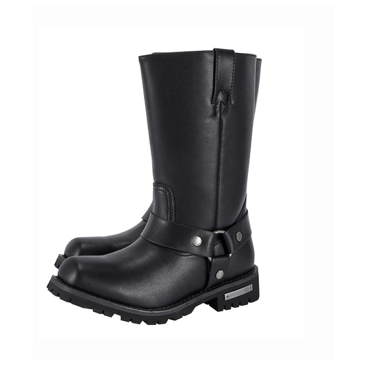 GARGOYLE BELLS Mens Harness Straps Motorcycle Leather Boots Black Waterproof Biker Boots For Men- Low Heel Riding Boots