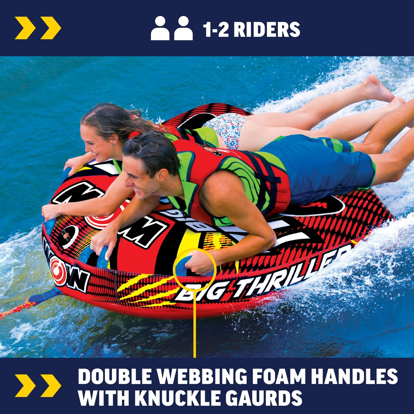 WOW Sports – Big Thriller Towable Deck Tube for Boating – 1-2 Person 340 lbs Capacity – Inflatable Boat Tube for Water Sports – Youth & Adults