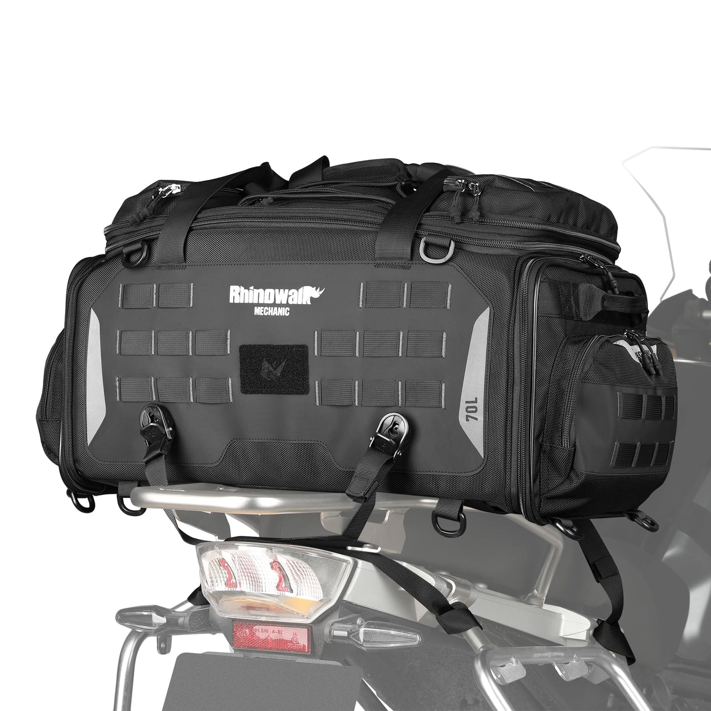 Rhinowalk Motorcycle Tail Bag, Expandable Motorcycle Travel Luggage Bags 60L, Waterproof All-Weather Trunk Rack Bag with Sissy Bar Straps & Helmet Rain Cover – Black