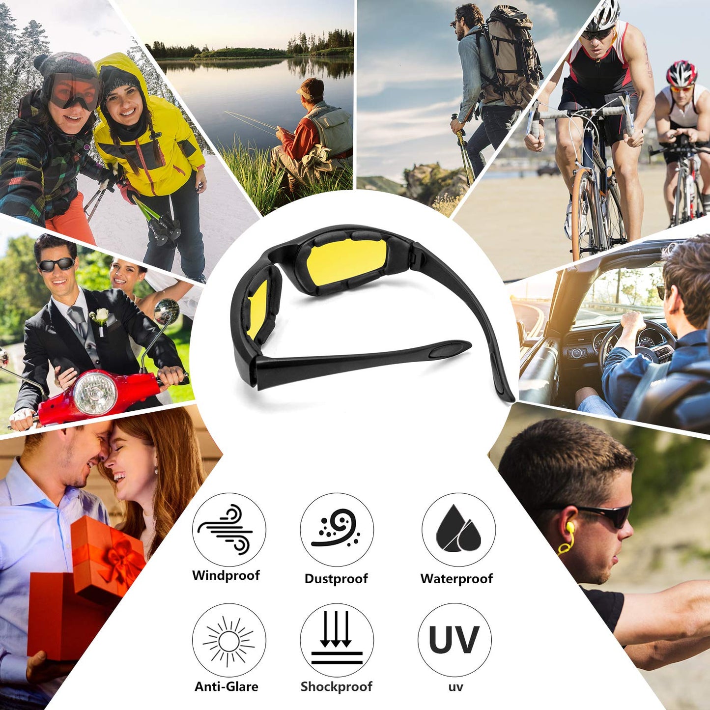 3 Pair Motorcycle Riding Glasses Padding Goggles UV Protection Dustproof Windproof Motorcycle Sunglasses for Outdoor Actives