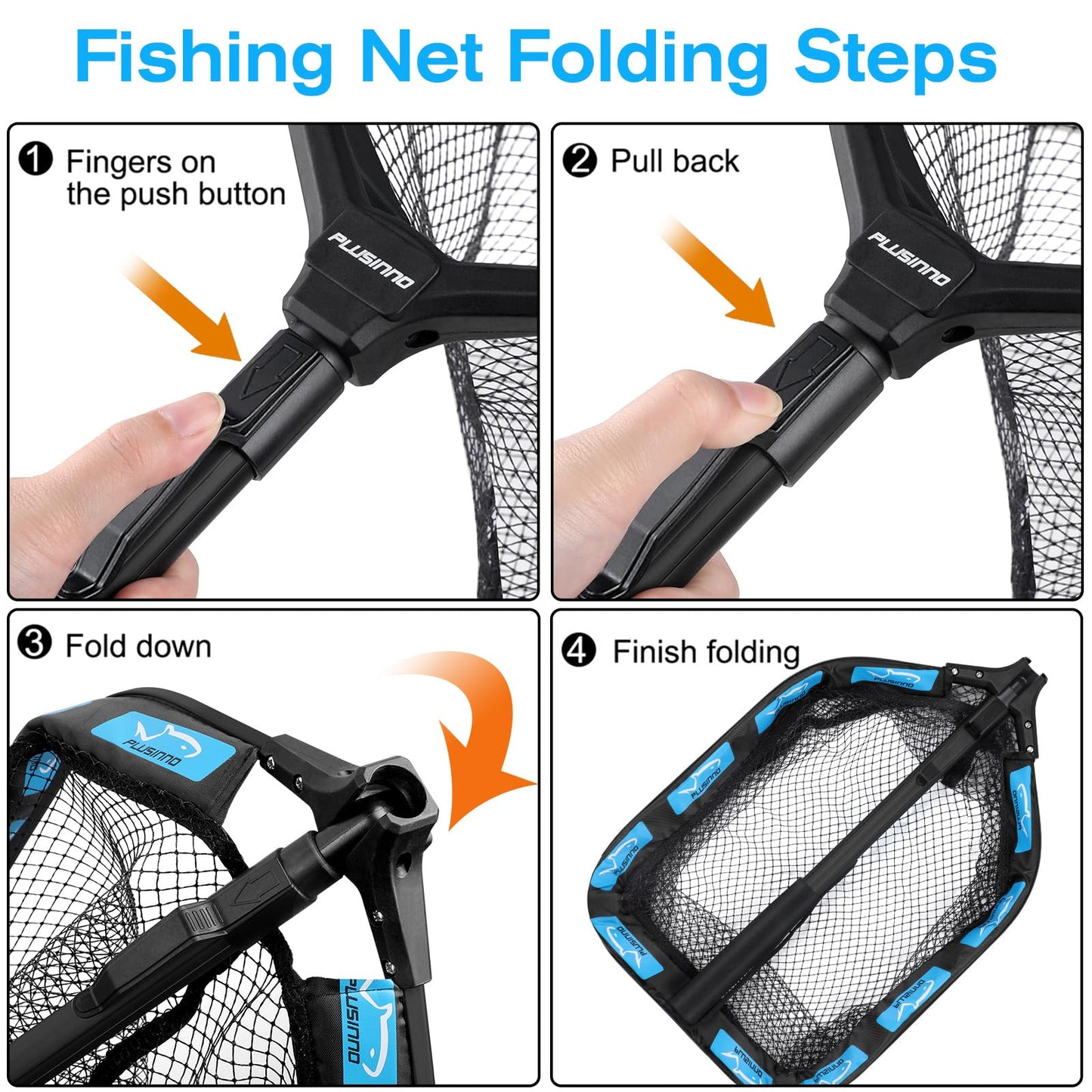 PLUSINNO Floating Fishing Net for Steelhead, Salmon, Fly, Kayak, Catfish, Bass, Trout Fishing, Rubber Coated Landing Net for Easy Catch & Release, Compact & Foldable for Easy Transportation & Storage