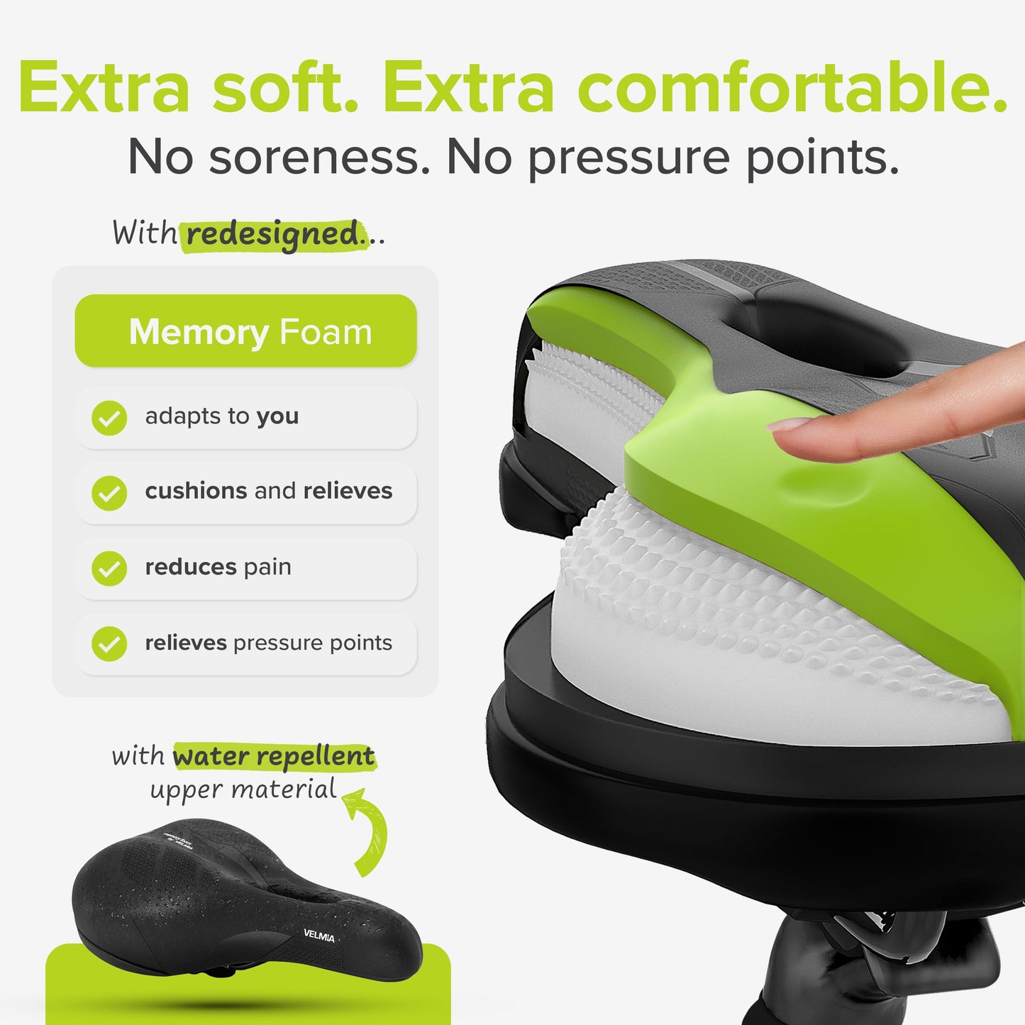 VELMIA Bike Seat Designed in Germany, Made of Comfy Memory Foam I Bicycle Seat for Men and Women, Waterproof Bike Saddle with Smart Zone-Concept I Exercise, for BMX, MTB & Road