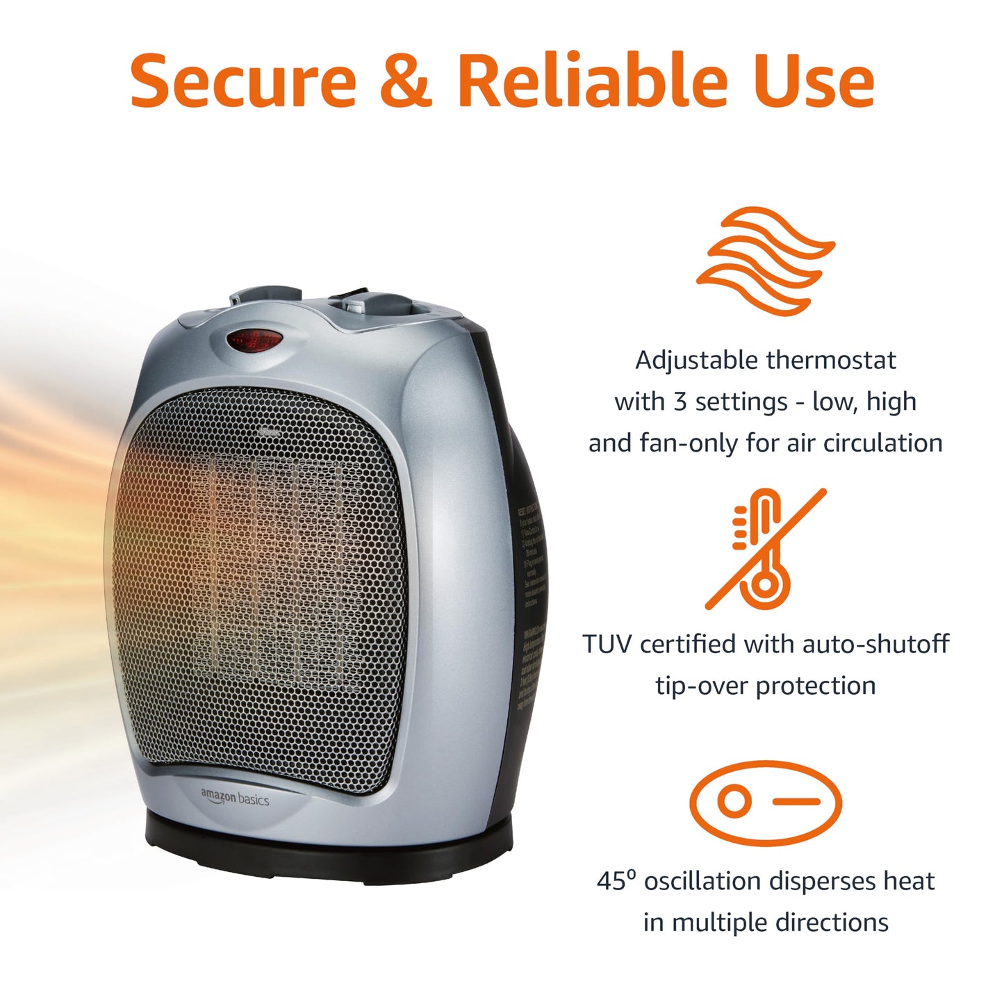 Amazon Basics Oscillating Ceramic Portable Indoor Space Heater, Fast Heating Technology, Overheat and Tip-Over Protection, Adjustable Thermostat, 1500W, 7.52"D x 6.34"W x 9.45"H, Silver