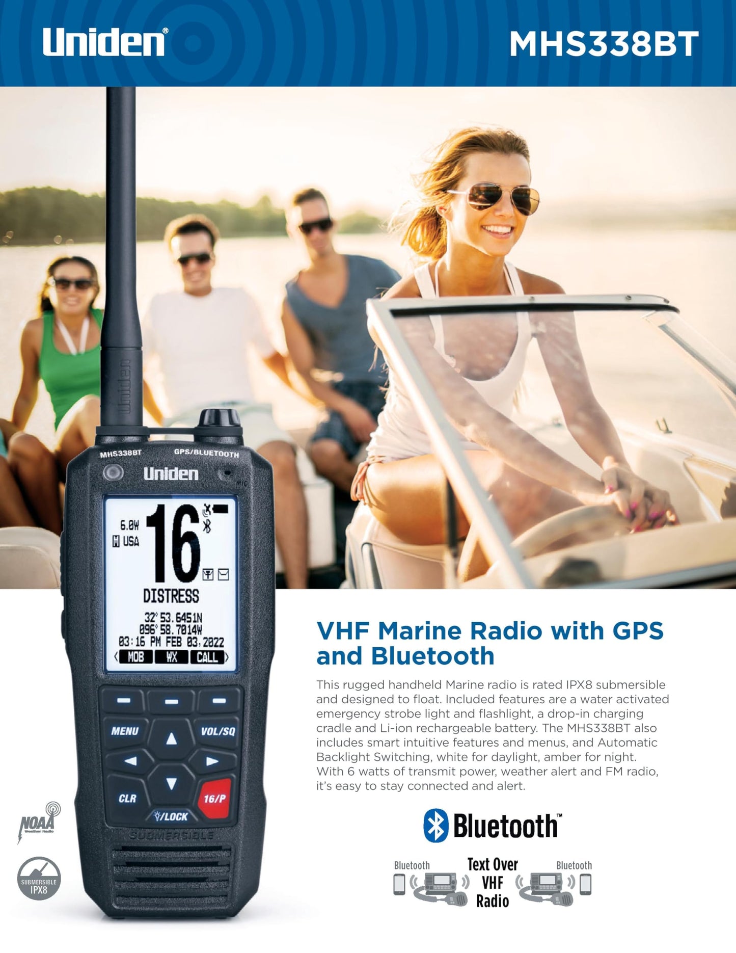 Uniden MHS338BT Floating, Handheld Marine VHF Radio, 6-Watts, GPS and Bluetooth, Submersible IPX8, Emergency Strobe & Flashlight, NOAA Weather Alerts, FM Radio, Chargeing Cradle & Li-ion Battery.