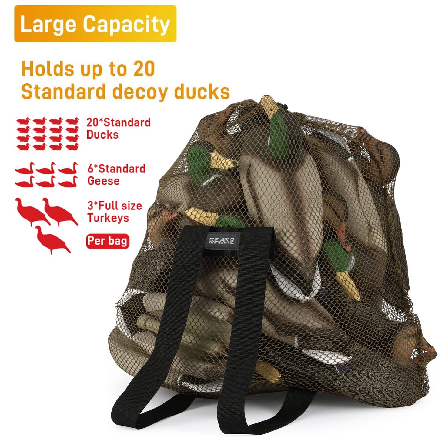 Duck Decoy Bag 30"x32" Mesh Decoy Bag for Goose, Turkey Waterfowl, Light Weight with Adjustable Comfort Shoulder Straps