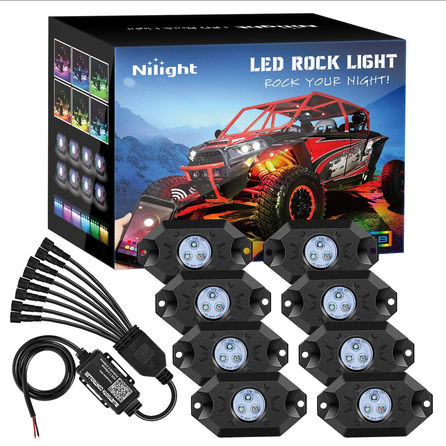 Nilight RGB LED Rock Lights Kit, 4 pods Underglow Multicolor Neon Light Pod with Bluetooth App Control Flashing Music Mode Wheel Well Light for Truck ATV UTV RZR SUV