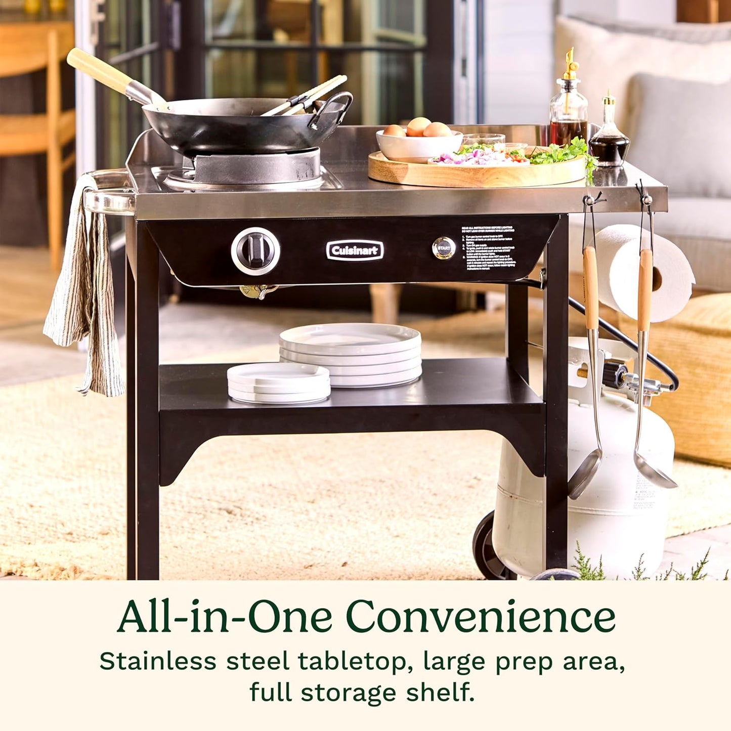 Cuisinart Outdoor Wok Station, 50,000 BTU Propane Outdoor Wok Burner with Prep Table, 14" Carbon Steel Fry Pan, Stainless Steel Side Table, Storage, Outdoor Cooking Station for Stir Fry, Searing, BBQ