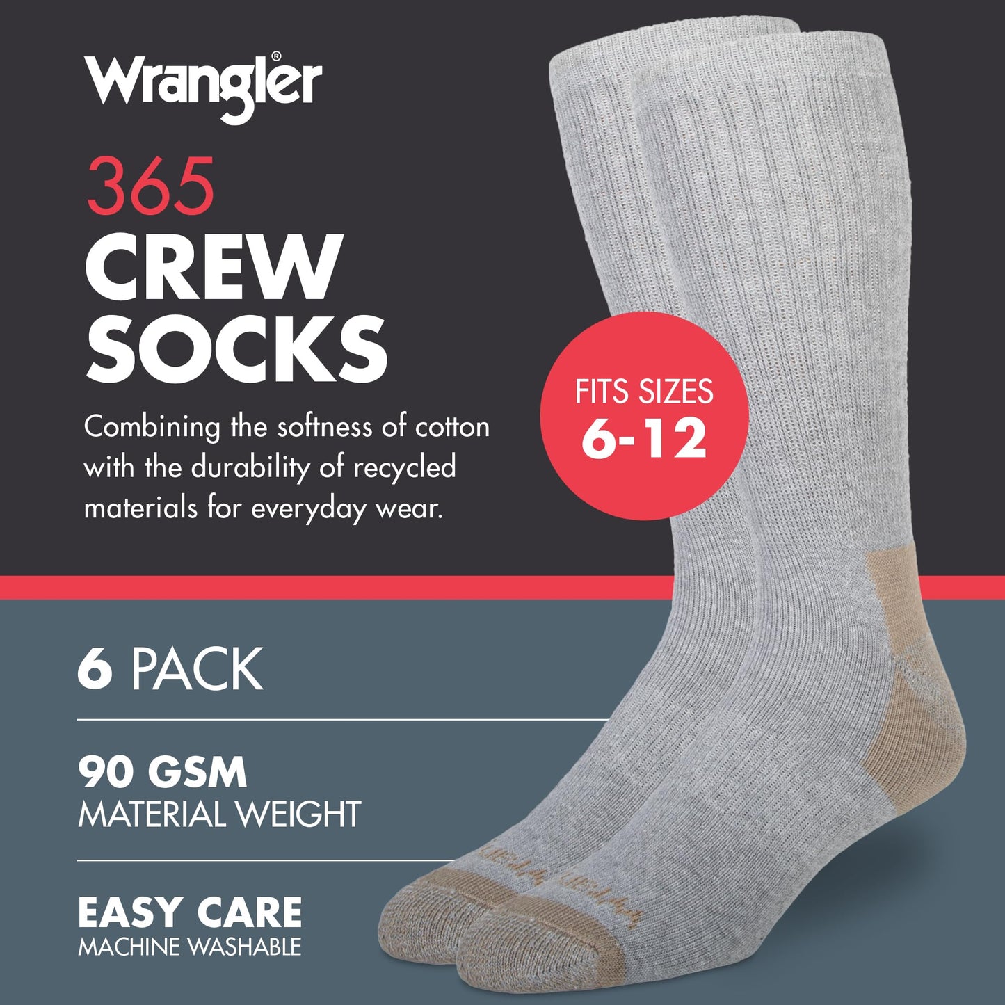 Wrangler - 365 Men's Crew Socks - Full Cushion Socks for All-Day Comfort - Fits Sizes 6-12