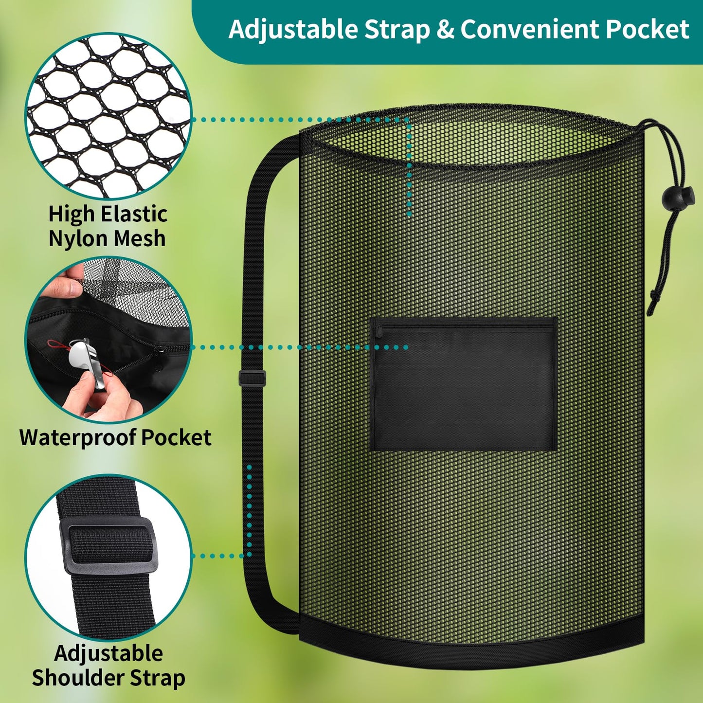 Extra Large Soccer Ball Bag, 40" x 30" Drawstring Mesh Ball Bag with Pocket, Heavy Duty Sport Net Sack for Coaches, Storage Bag for Basketball, Volleyball, Gym Equipment, Swimming Gear (1)
