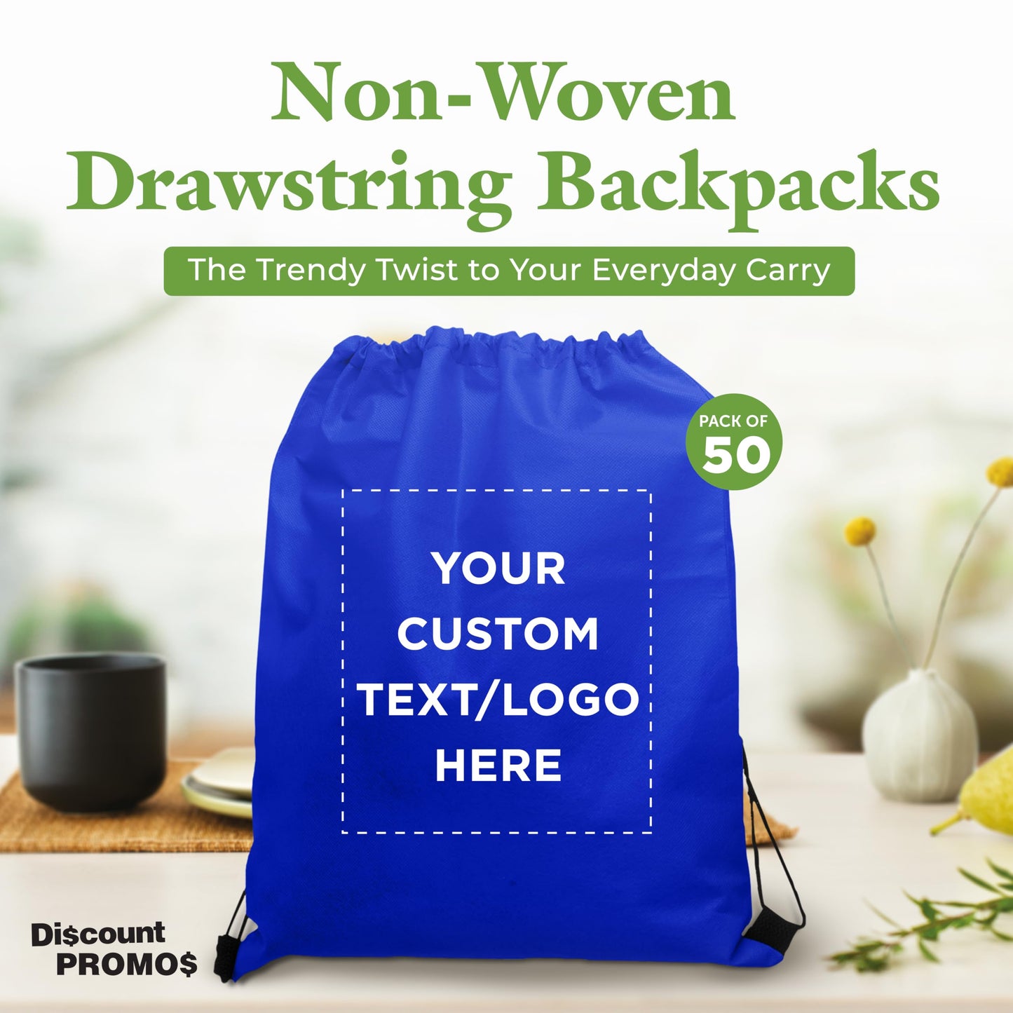 DISCOUNT PROMOS Custom Non-Woven Drawstring Backpacks Set of 10, Personalized Bulk Pack - Bring Everywhere You Go, Great for Travelling, Gym and for Everyday Use - Blue