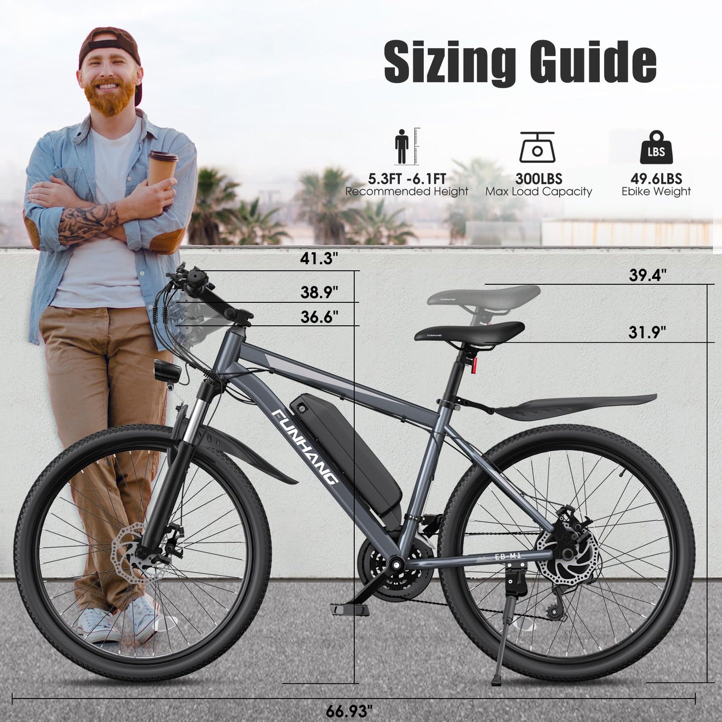 Funhang Electric Bike for Adults, 1000W Peak Ebike, 50Miles 21.7MPH Electric Mountain Bike, 26" Adult Electric Bicycle with 48V Removable Battery, Adjustable Stem, Fenders, 21 Speed, UL 2849 Certified