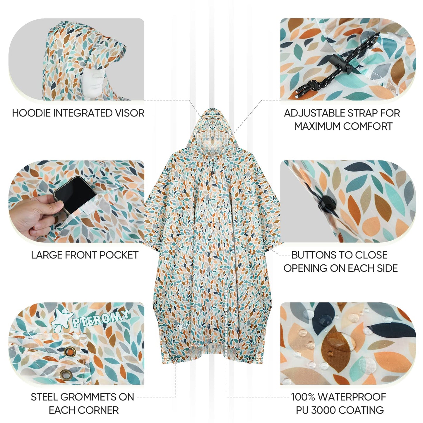 PTEROMY Hooded Rain Poncho for Adult with Pocket, Waterproof Lightweight Unisex Raincoat for Hiking Camping Emergency