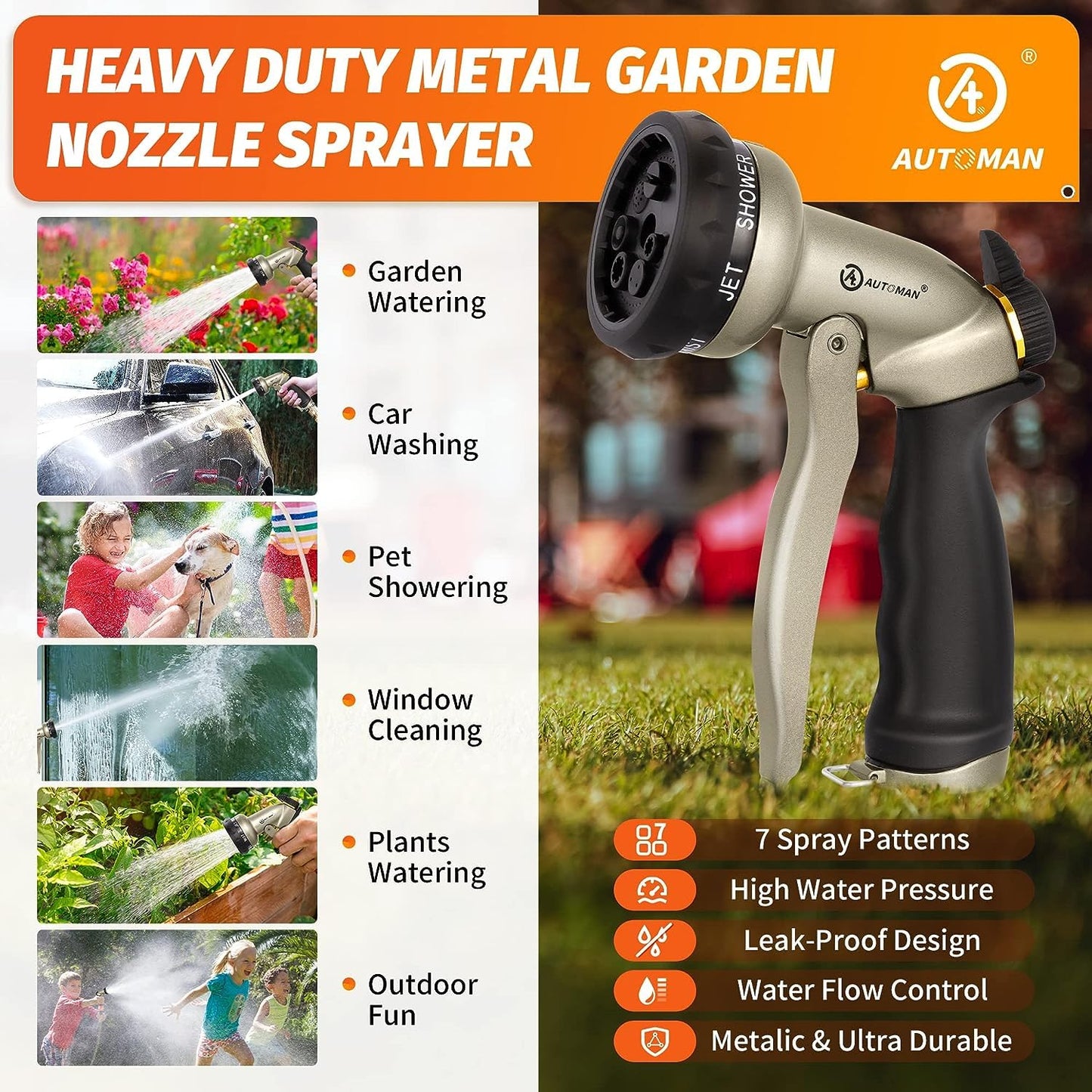 AUTOMAN-Garden-Hose-Nozzle, ABS Water Spray Nozzle with 7 Adjustable Watering Patterns, Slip Resistant for Watering Plants, Lawn& Garden, Washing Cars, Cleaning, Showering Pets & Outdoor Fun.