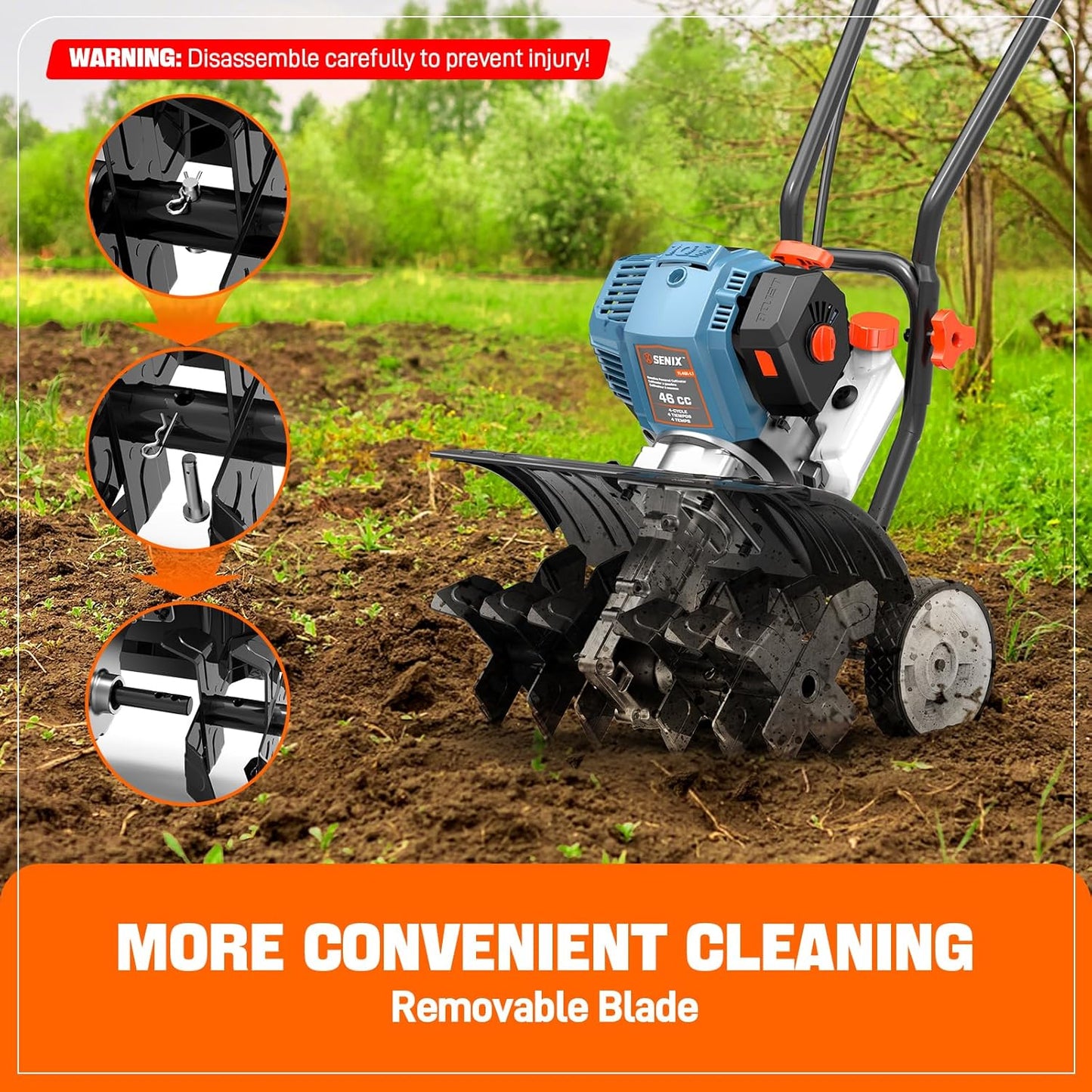 SENIX 4QL 4-Cycle Gas Powered Tiller Cultivator, 46cc Full Crank Engine, 15-Inch Tilling Width, 8-Inch Tilling Depth, Easy Start, Foldable Handles for Compact Storage (TL4QL-L1)