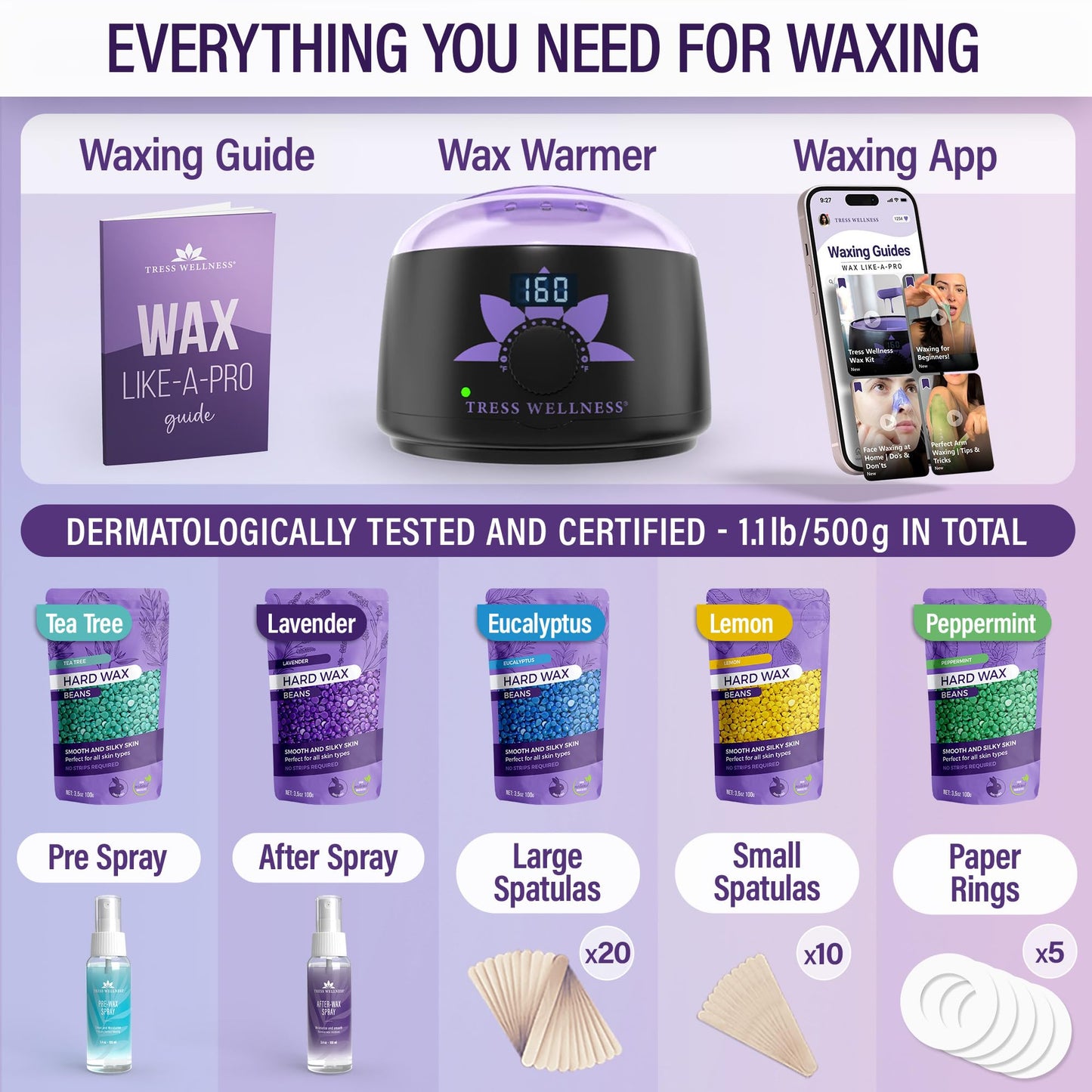 Tress Wellness Waxing Kit for Sensitive Skin – Safe for Face & Skin, Prep & Aftercare Spray, Easy to Use – At-Home Kit for Face, Bikini, Brazilian & Full Body - Digital Display, Black Purple Flower