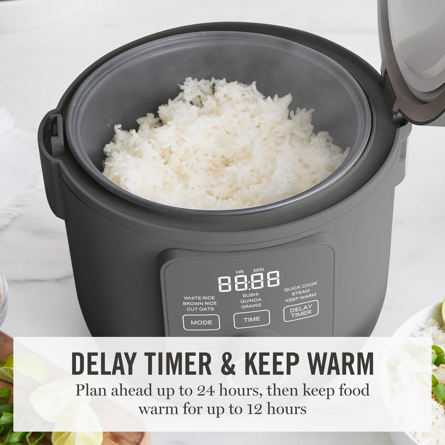 Martha Stewart Rice Cooker, 4 Cup (Uncooked) / 8 Cup (Cooked), Ceramic Non-Stick Removable Pot, Keep Warm, Measure Markings, Steam Basket, Brown & Sushi Rice, Quick Cook, Quinoa, Grains, Oats, Caviar Gray