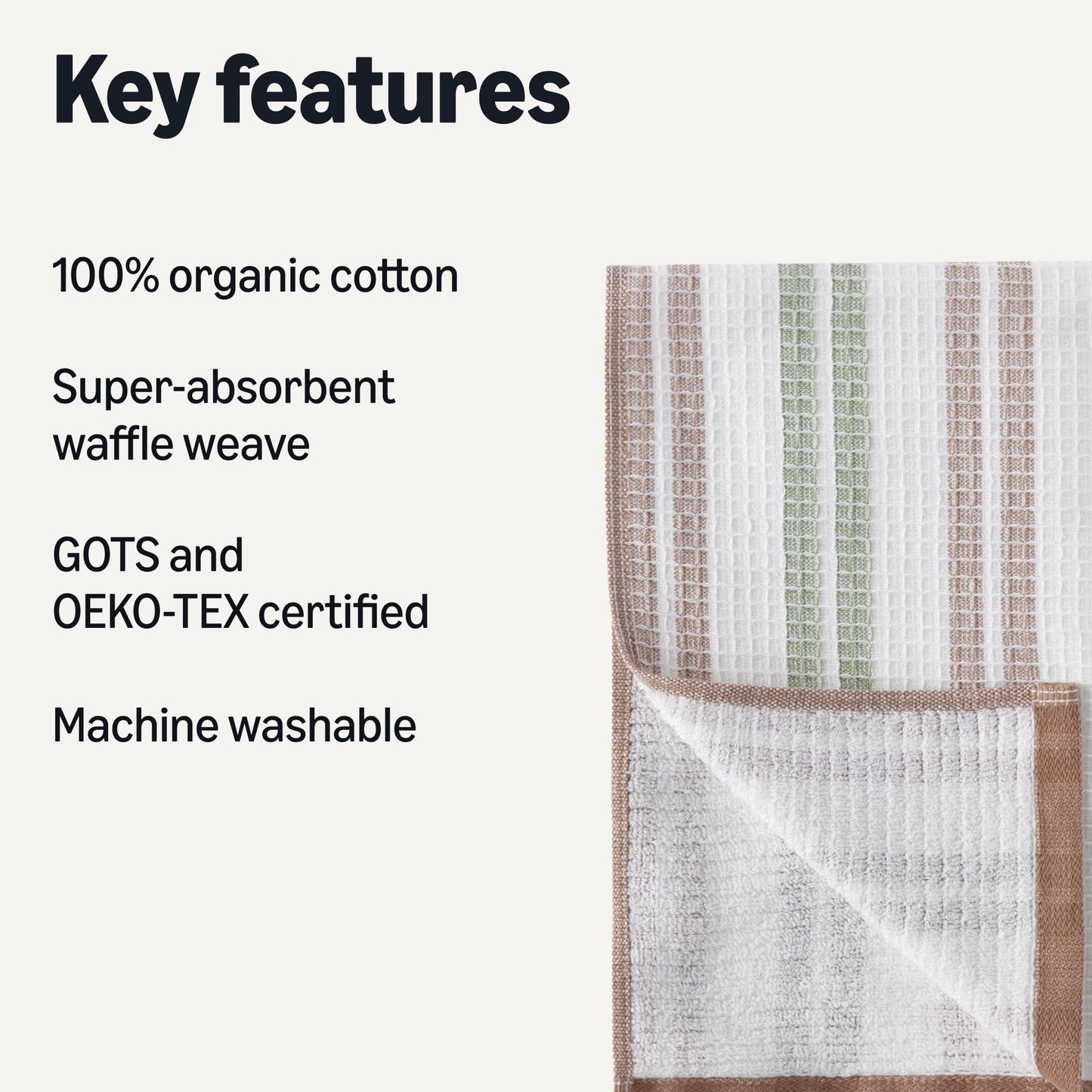 Amazon Basics Organic Cotton Waffle Kitchen Dish Towels - Ultra Absorbent, Quick Drying, Lint-Free, 15 x 25 inches, 6-Pack (2pc Olive Light/Brown Strip, 2pc Brown, 1pc Olive, 1pc White)