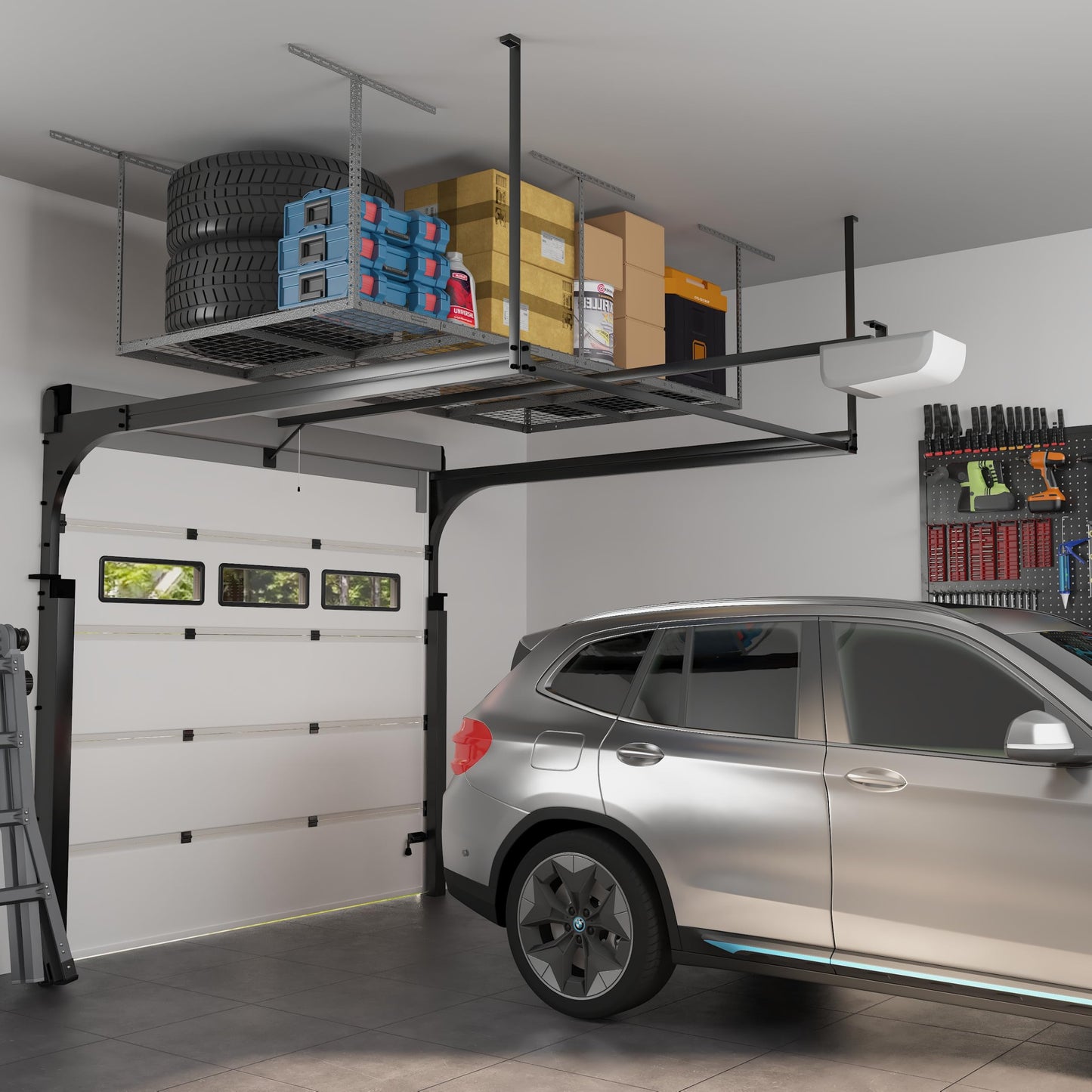 FLEXIMOUNTS 4x8 Overhead Garage Storage Rack, Adjustable Garage Storage Organization Systerm, Heavy Duty Metal Garage Ceiling Storage Racks, 600lbs Weight Capacity, Black