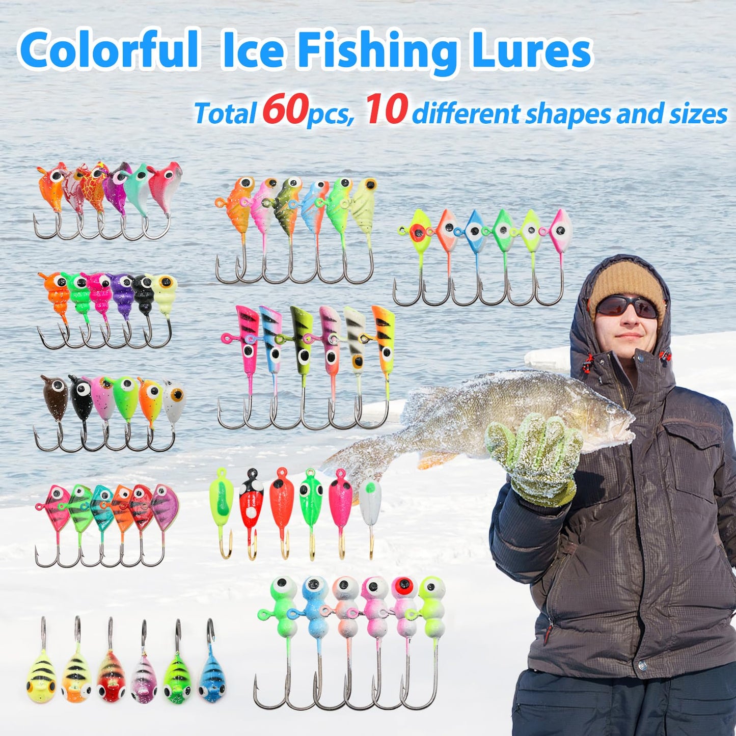Ice Fishing Jigs Kit, 30/60Pcs Glow Ice Fishing Lure Set for Winter Ice Jigging Crappie Sunfish Perch Panfish Walleye Pike Jigs, Ice Fishing Gear with Storage Box