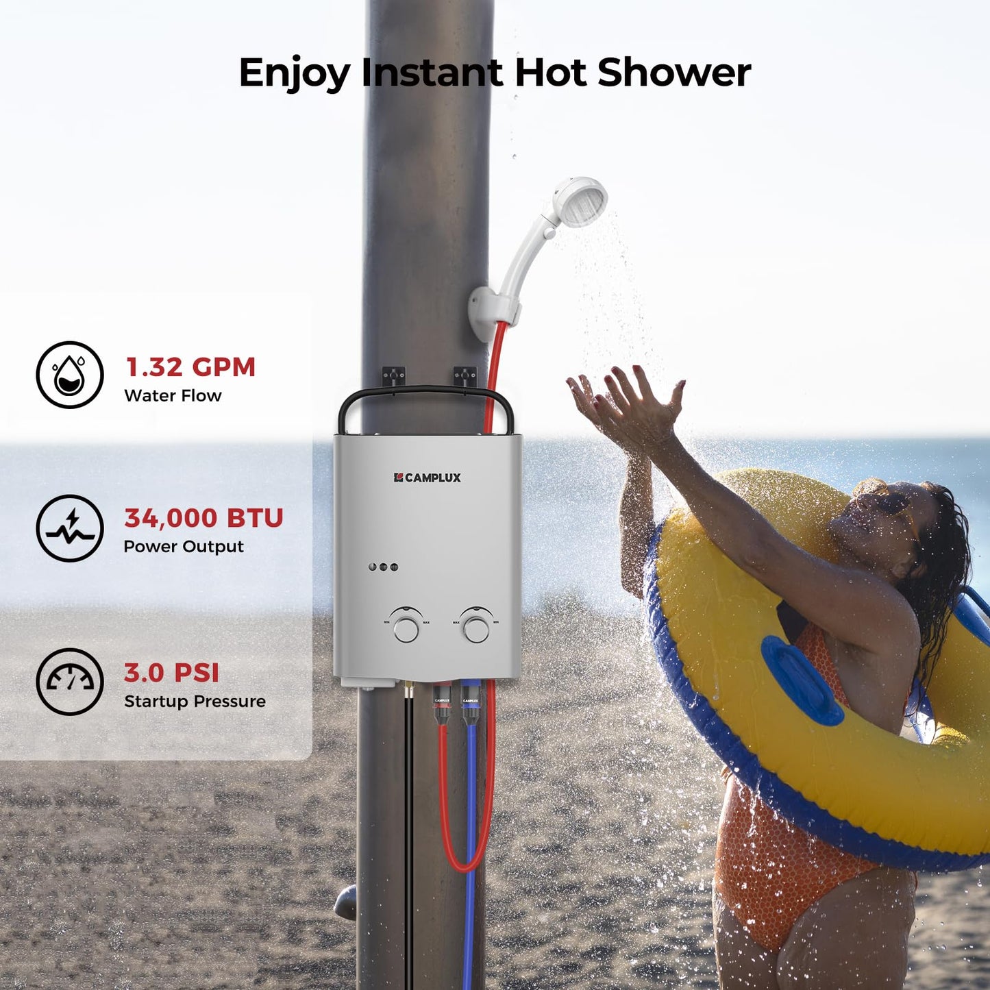 CAMPLUX Tankless Water Heater Outdoor, 1.32 GPM Portable Propane Camping Water Heater, 5L, AY132, White