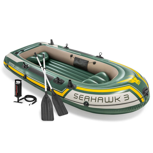 INTEX 68380EP Seahawk 3 Inflatable Boat Set: Includes Deluxe 54in Boat Oars and High-Output Pump – SuperStrong PVC – Fishing Rod Holders – 3-Person – 790lb Weight Capacity