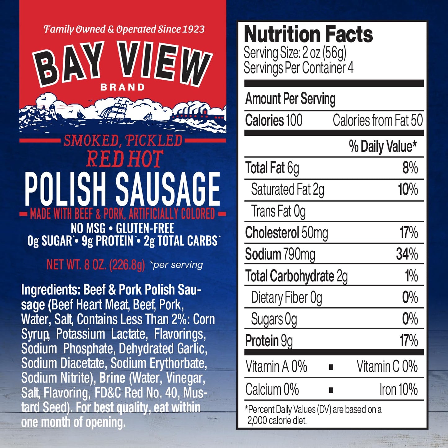 Bay View Smoked Pickled Polish Sausage, No MSG, Gluten Free, No Soy, 0g Sugar, 7g Protein, Hardwood Smoked, Mouthwatering Pickled Snack (Mild Bologna, 8oz)