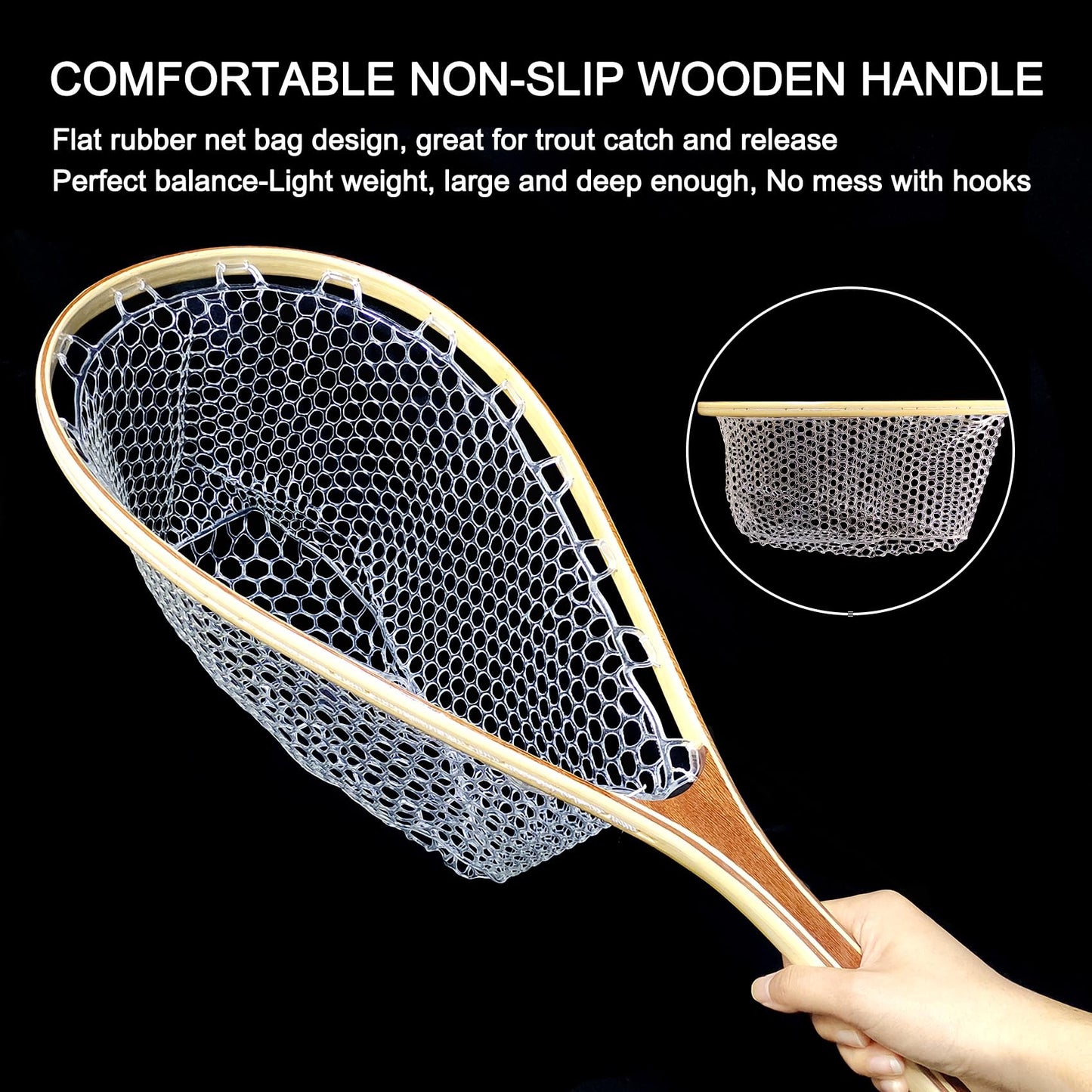 Aventik Wooden Fly Fishing Landing Net with Rubber Ghost Mesh and Magnetic Release - Catch & Release Friendly