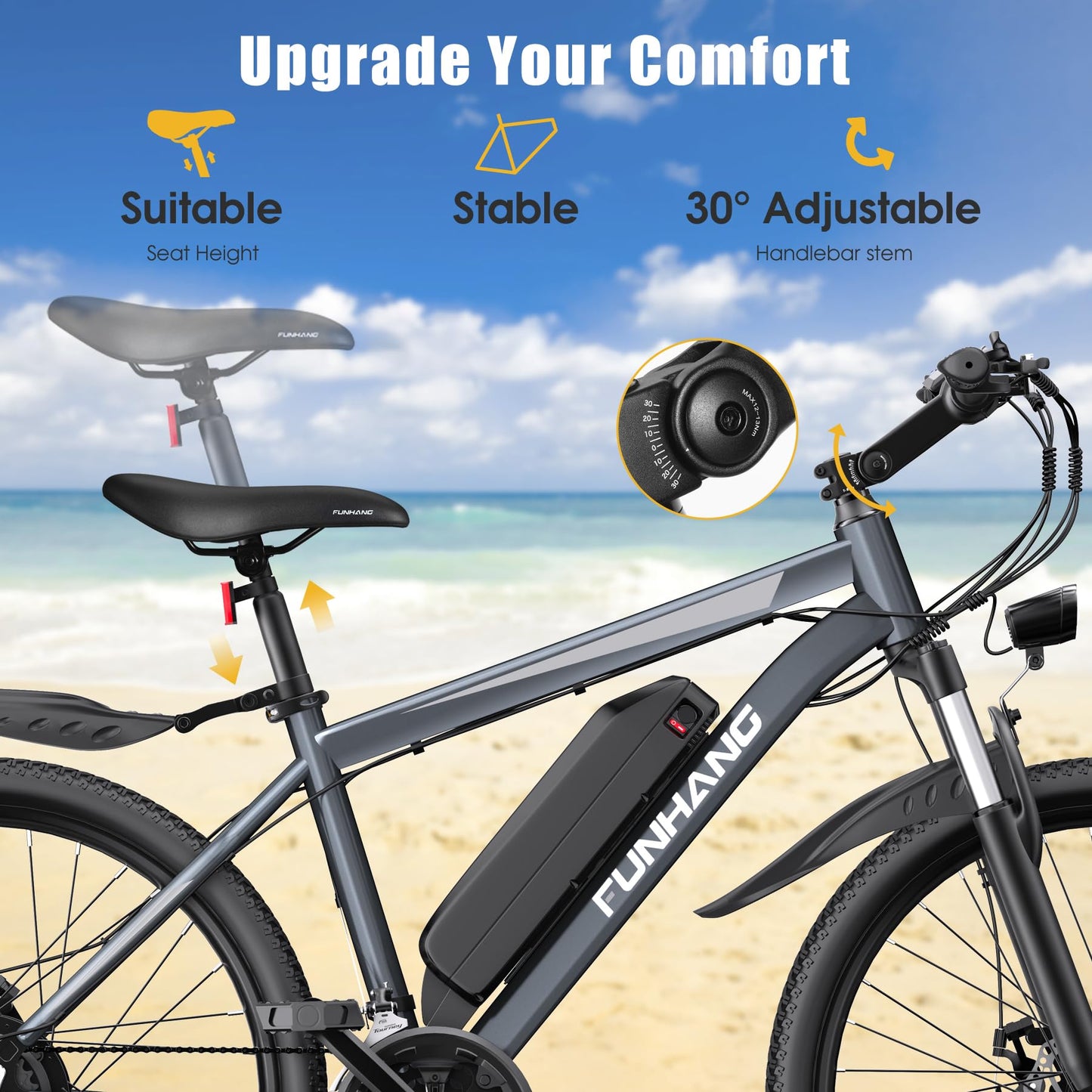 Funhang Electric Bike for Adults, 1000W Peak Ebike, 50Miles 21.7MPH Electric Mountain Bike, 26" Adult Electric Bicycle with 48V Removable Battery, Adjustable Stem, Fenders, 21 Speed, UL 2849 Certified