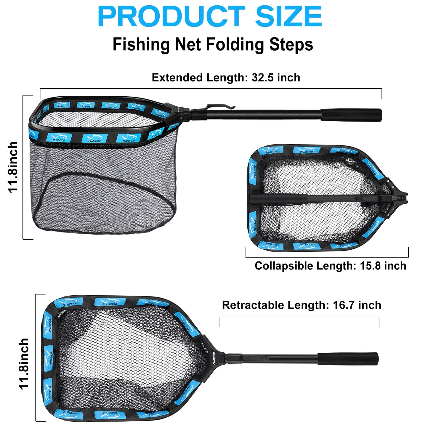 PLUSINNO Floating Fishing Net for Steelhead, Salmon, Fly, Kayak, Catfish, Bass, Trout Fishing, Rubber Coated Landing Net for Easy Catch & Release, Compact & Foldable for Easy Transportation & Storage