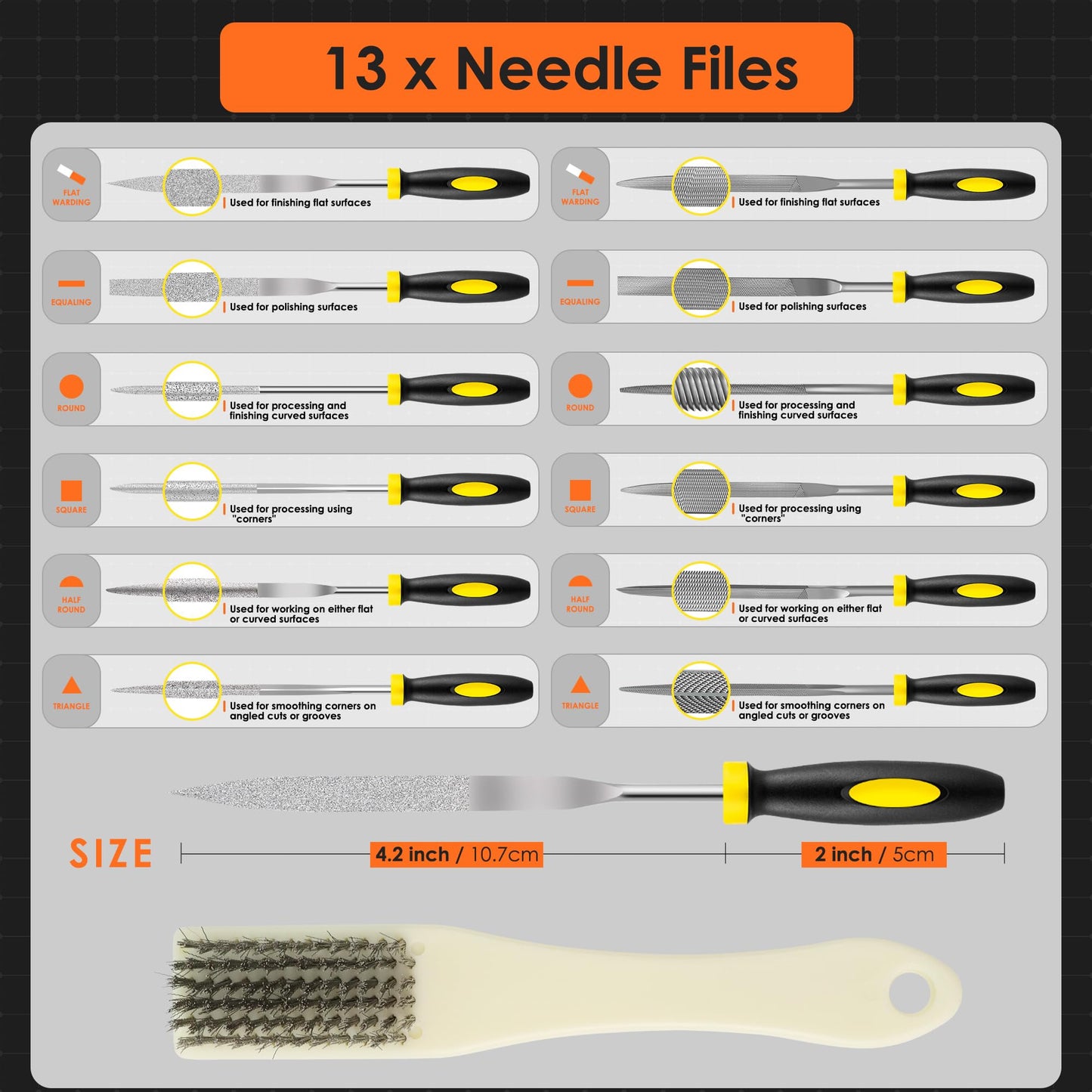 6-Piece Metal Needle File Set - Hardened Alloy Steel Includes Flat, Warding, Square, Triangular, Round, and Half-Round Files