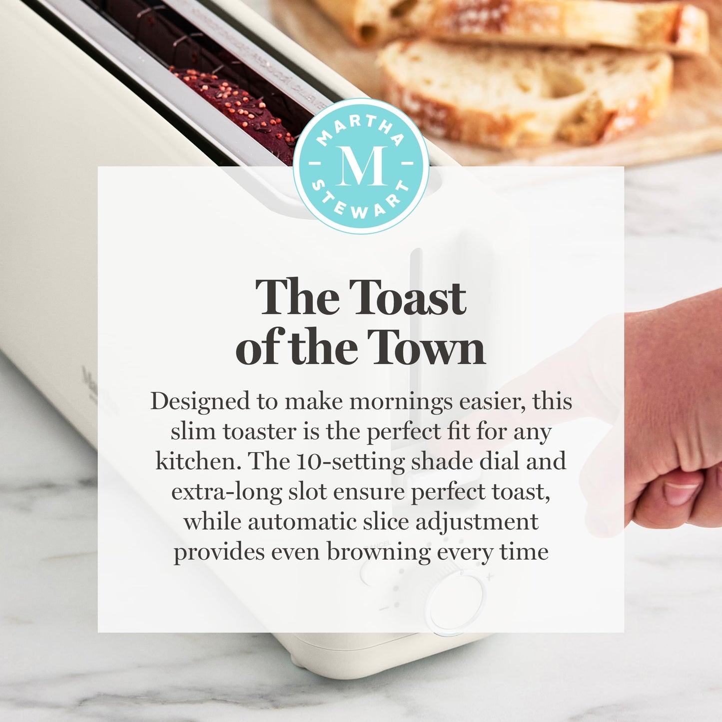 Martha Stewart 2 Slice Long Slot Toaster, Extra Wide for Sourdough & Bagels, 10 Setting Shade Control, Removable Crumb Tray, Self-Centering Design, Defrost/Reheat, Cancel, Slim Space-Saving, Honeydew