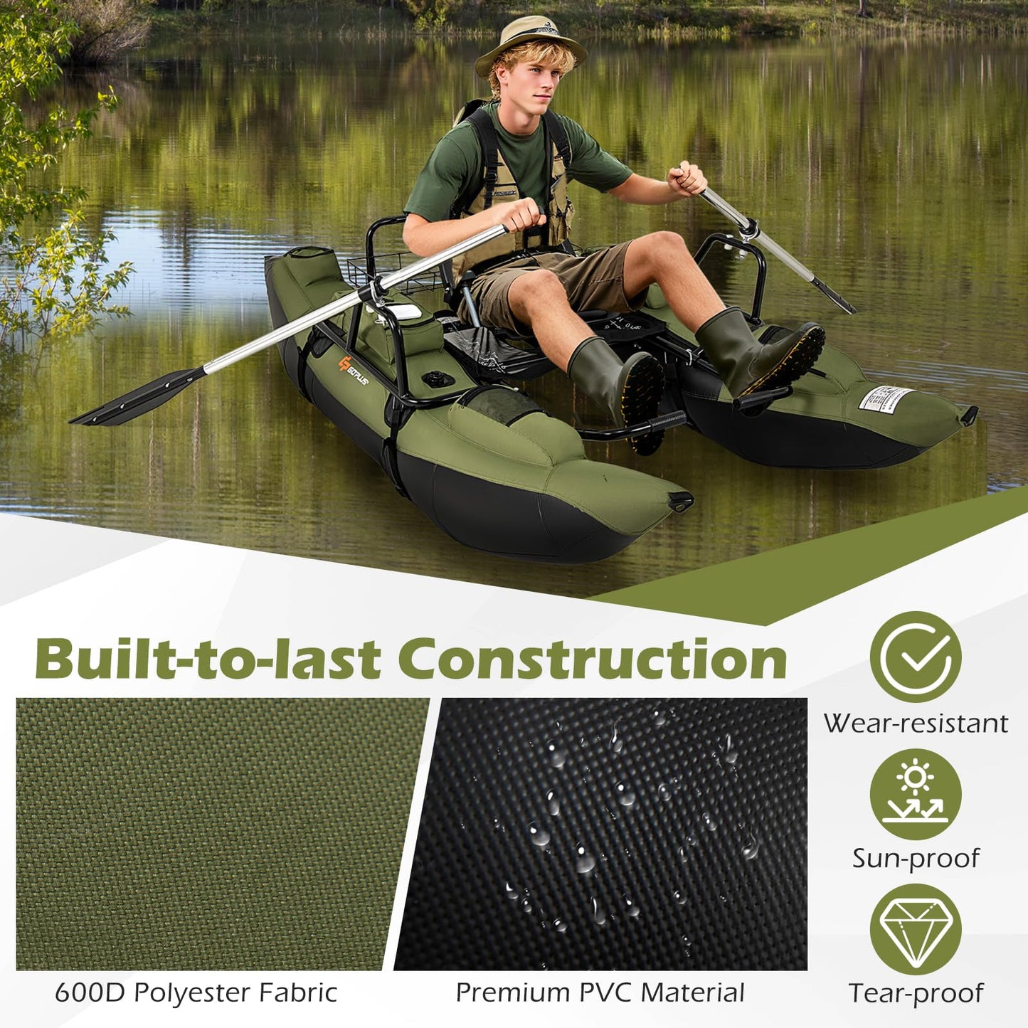 Goplus Inflatable Fishing Float Tube, Pontoon Boat w/Foldable Padded Seat, Adjustable Footrest, Pump, Paddles, Fish Ruler, Storage Basket,Pockets, 400 LBS Load Capacity Adult Belly Boat for Angling
