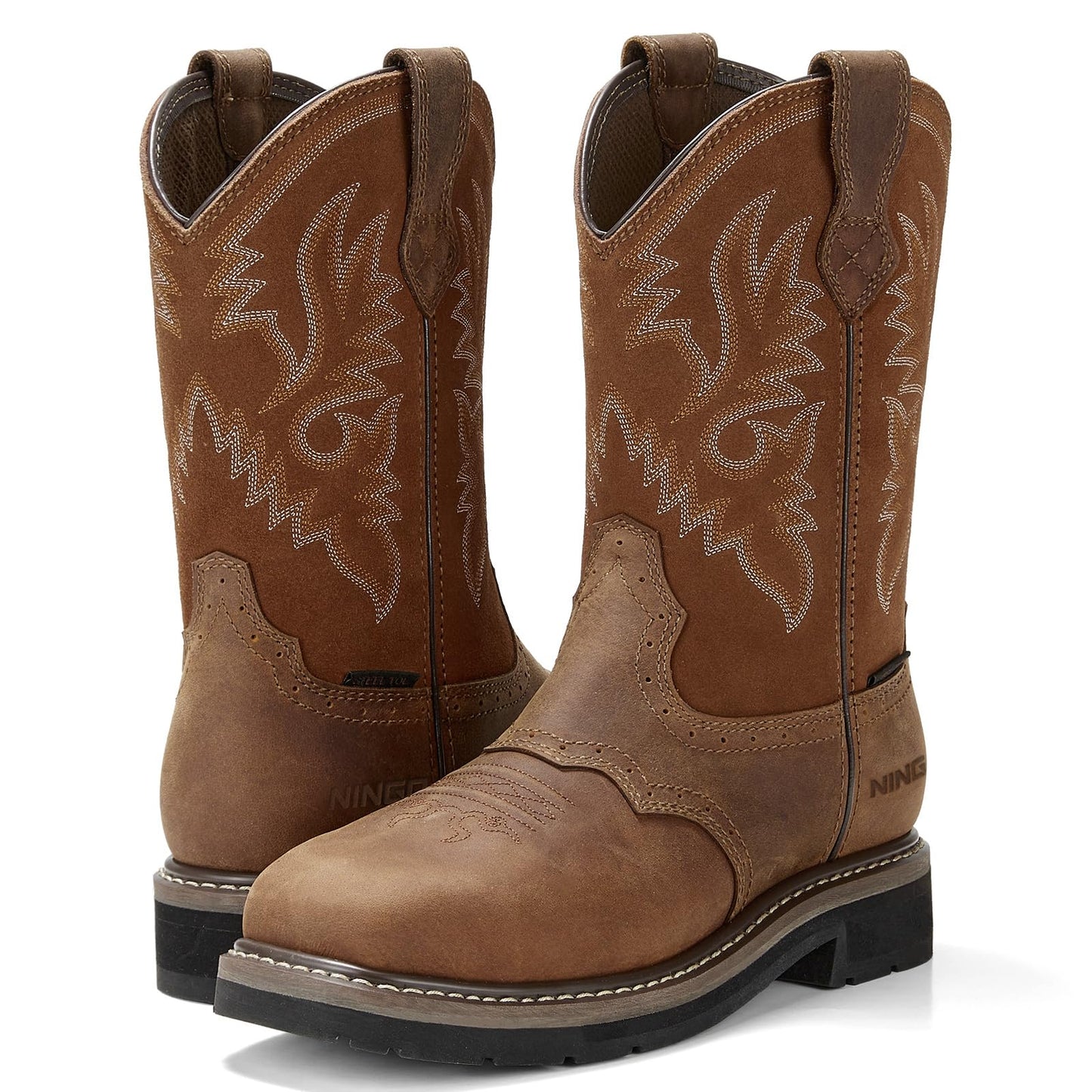 HISEA NINGO Men's Western Cowboy Boots Waterproof Square Toe Steel/Soft Toe Work Boots Comfortable Men's Slip On Pull On Safety Toe Leather Work Shoes for Construction Farming Industrial Welding