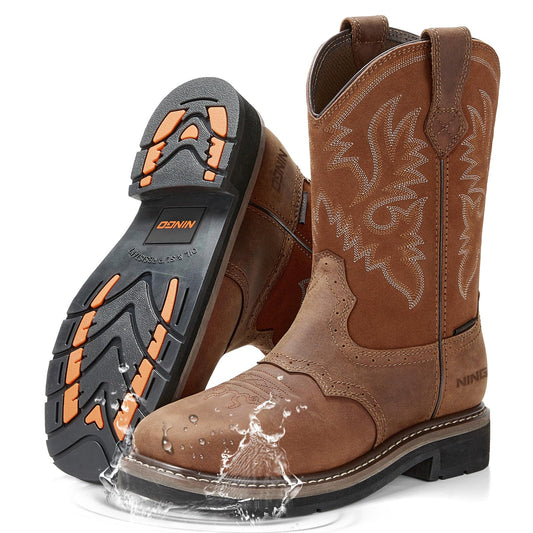 HISEA NINGO Men's Western Cowboy Boots Waterproof Square Toe Steel/Soft Toe Work Boots Comfortable Men's Slip On Pull On Safety Toe Leather Work Shoes for Construction Farming Industrial Welding