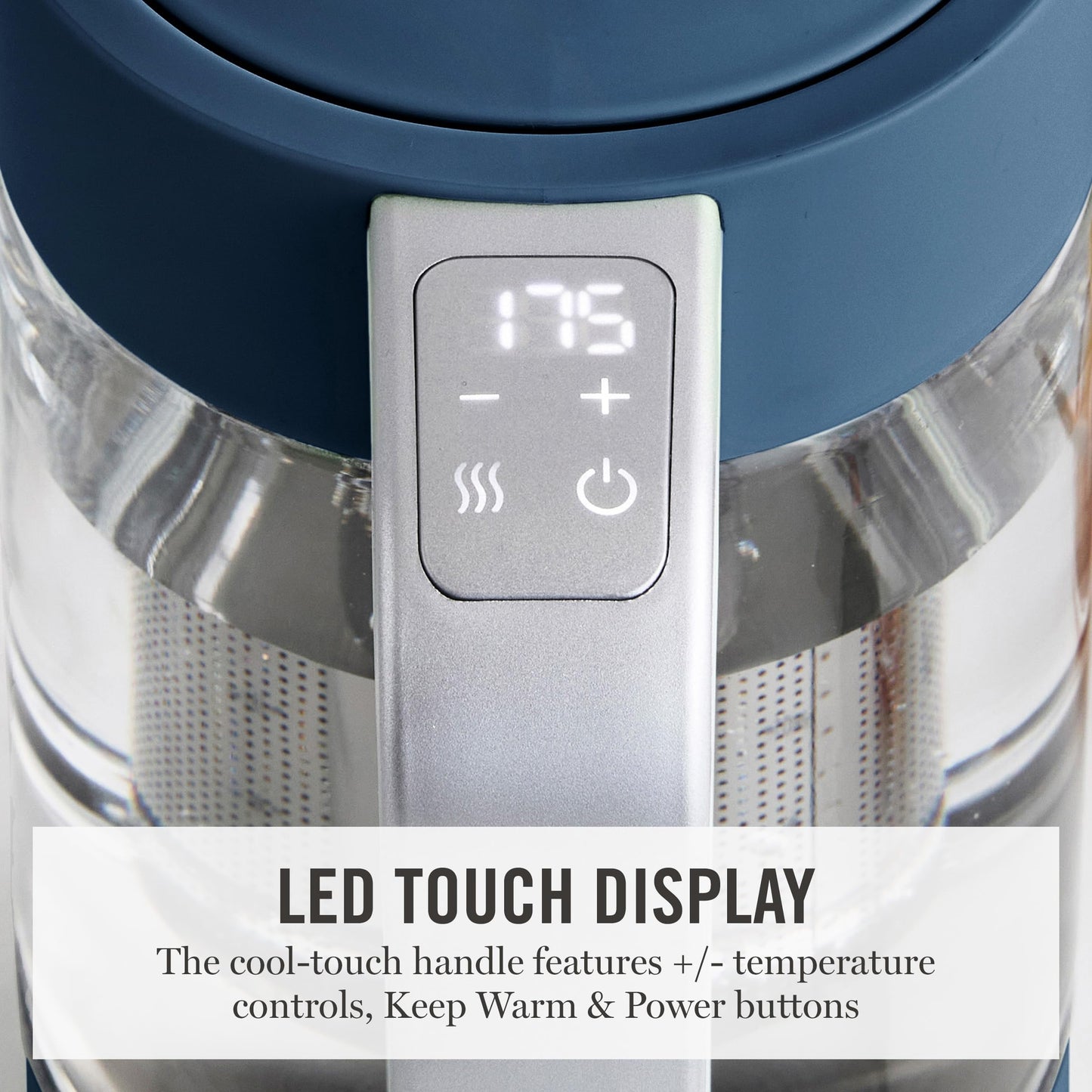 Martha Stewart Electric Kettle with Removable Stainless Steel Tea Infuser,  Glass Carafe 1.7L (7 Cups), Hot Water Boiler, 4 Presets, Keep Warm & Auto Shut-Off, Cordless 360° Swivel Base, Sky Blue