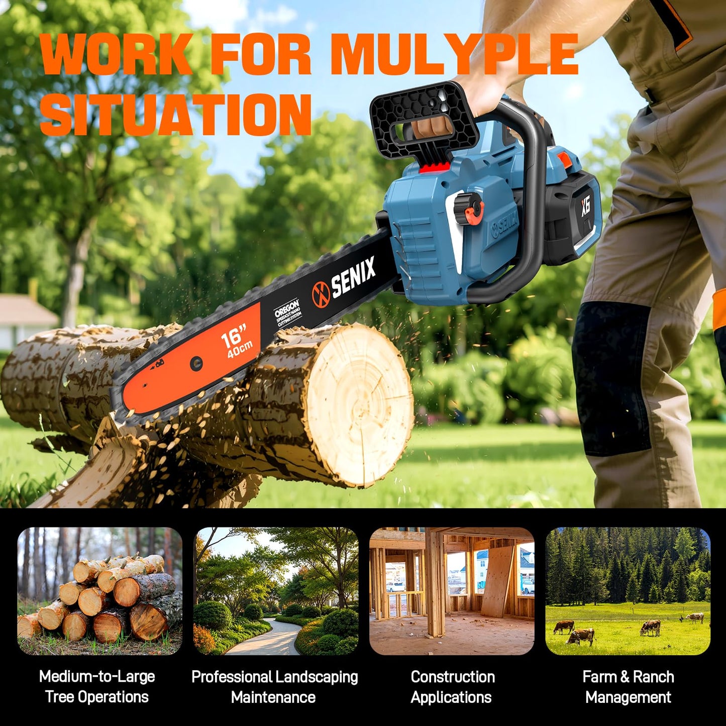 SENIX Chainsaw|60V 16" Battery Chainsaw|Brushless Electric Chainsaws|Cordless Chain Saw with 4Ah Battery & Charger|Garden Tool for Trees, Pruning, Branch Trimming, Best Gifts for Man, CSX6-M