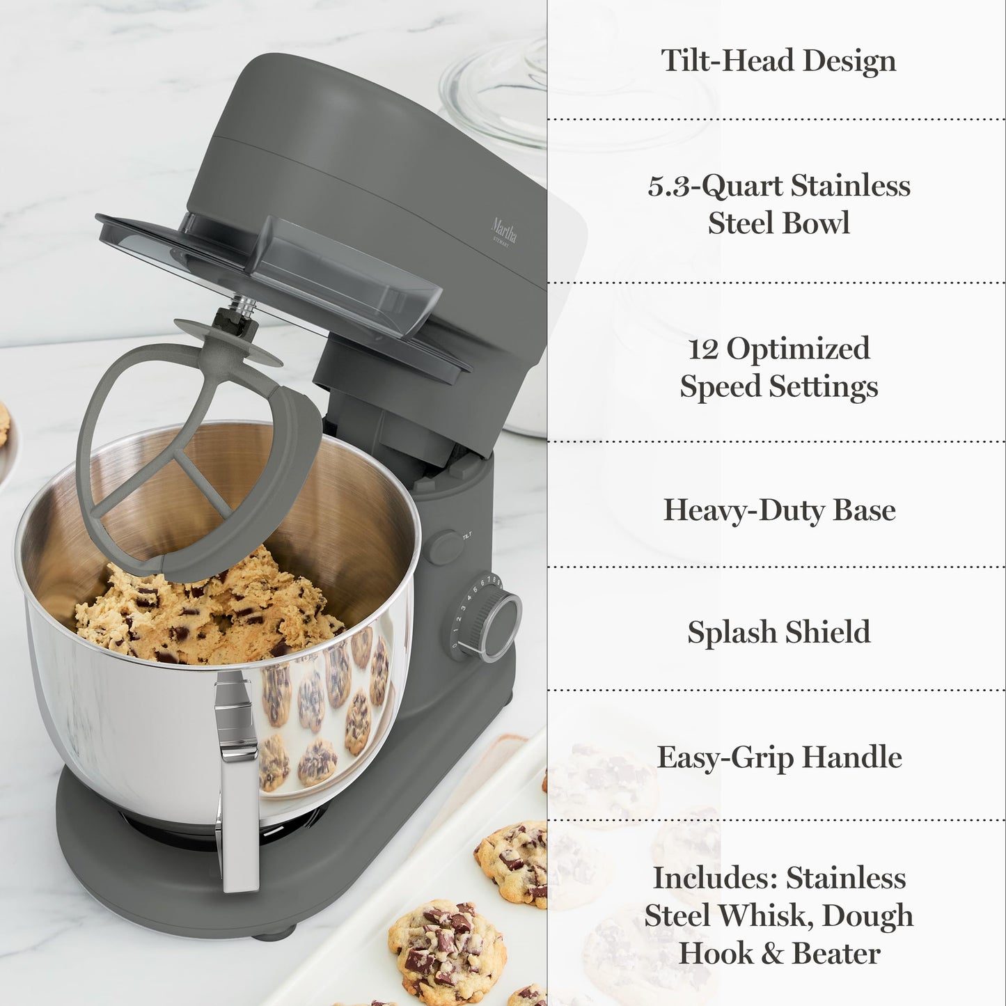 Martha Stewart Stand Mixer, 12 Speed, Tilt-Head, 5.3QT Stainless Steel Bowl, Splash Guard with Pour Chute, Whisk, Dough Hook, Flat Beater, Electric Kitchen Baking Mixer, Bread, Cake, Whip, Caviar Gray