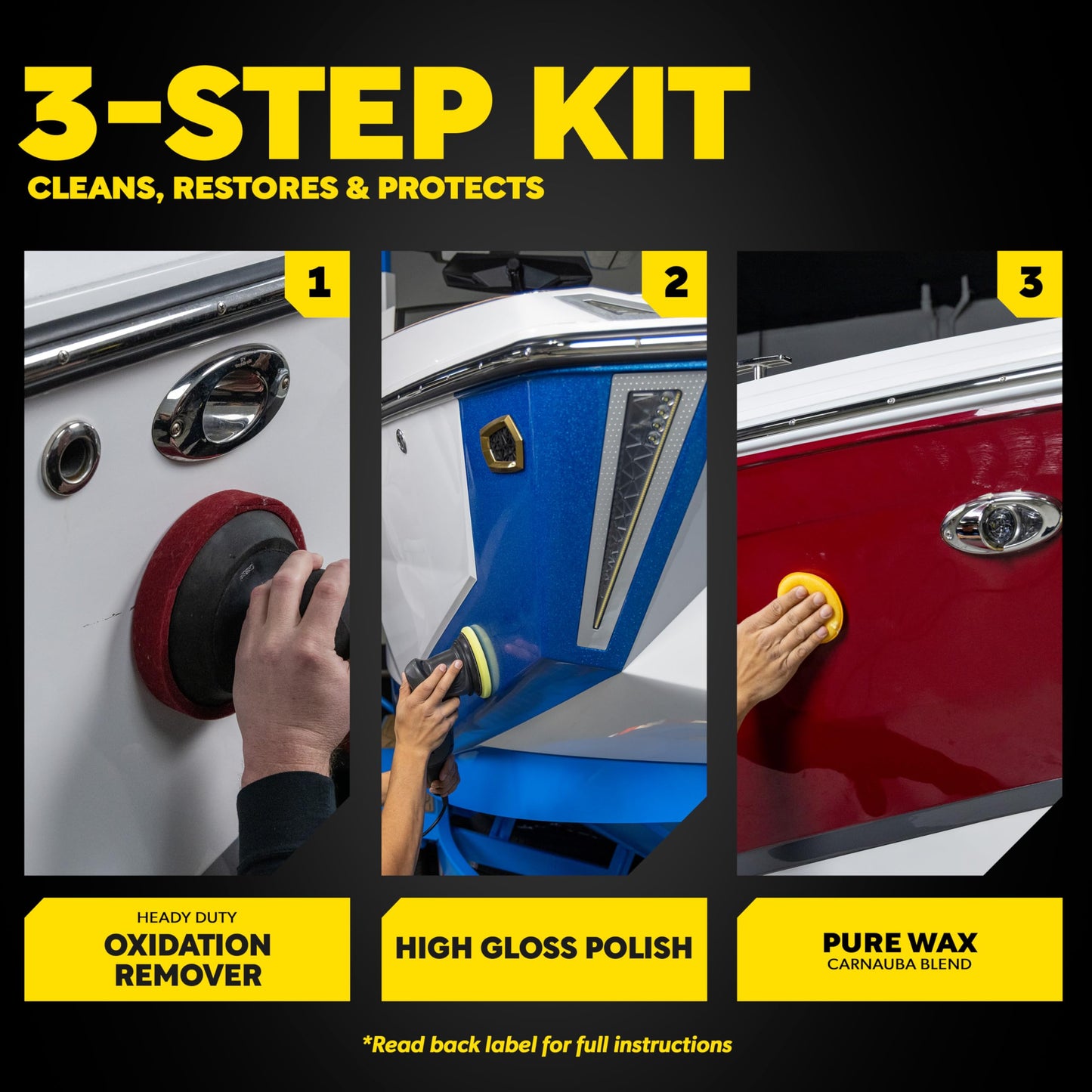 Meguiar’s Marine/RV Fiberglass Restoration System, M4965, 3-Piece Fiberglass Repair Kit with Oxidation Remover, High-Gloss Boat Polish and Wax, Christmas Gift Ideas for Car Dads