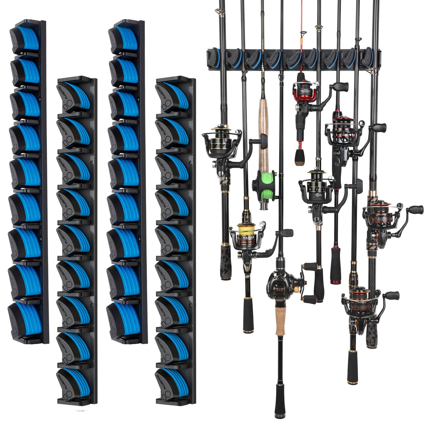 PLUSINNO Vertical Fishing Rod Holder, Wall Mounted Fishing Rod Rack, Fishing Pole Holder Holds Up to 9 Rods or Combos, Fishing Rod Holders for Garage, Fits Most Rods of Diameter 3-19mm