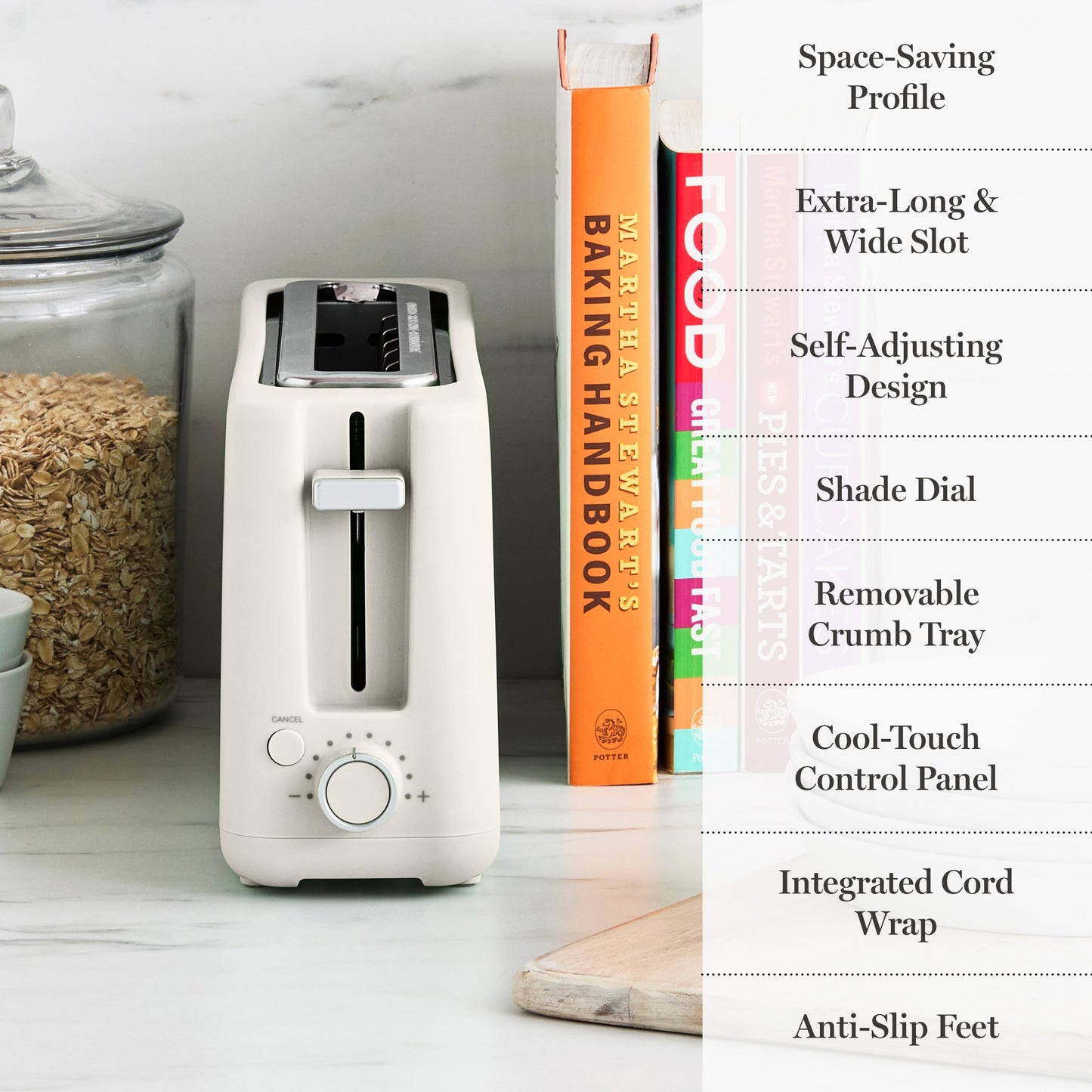 Martha Stewart 2 Slice Long Slot Toaster, Extra Wide for Sourdough & Bagels, 10 Setting Shade Control, Removable Crumb Tray, Self-Centering Design, Defrost/Reheat, Cancel, Slim Space-Saving, Honeydew