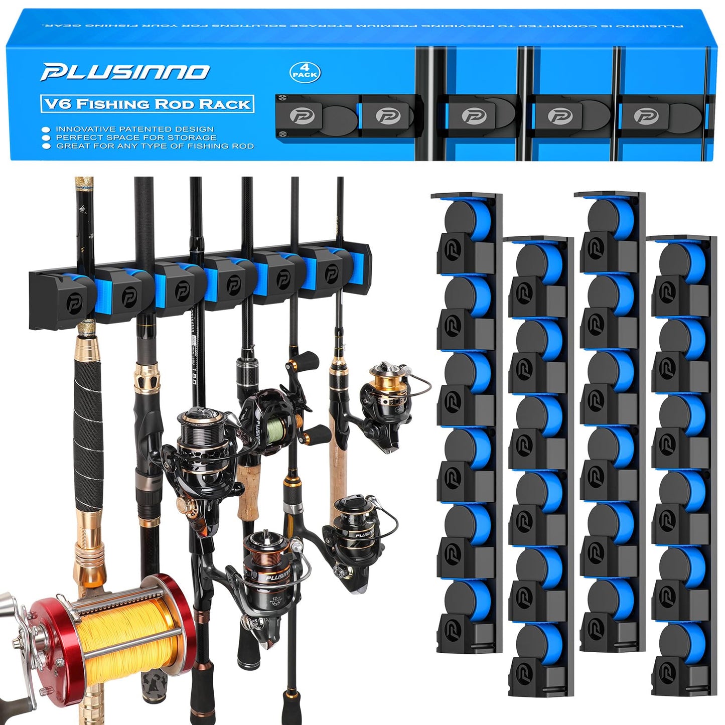 PLUSINNO Vertical Fishing Rod Holder, Wall Mounted Fishing Rod Rack, Fishing Pole Holder Holds Up to 9 Rods or Combos, Fishing Rod Holders for Garage, Fits Most Rods of Diameter 3-19mm