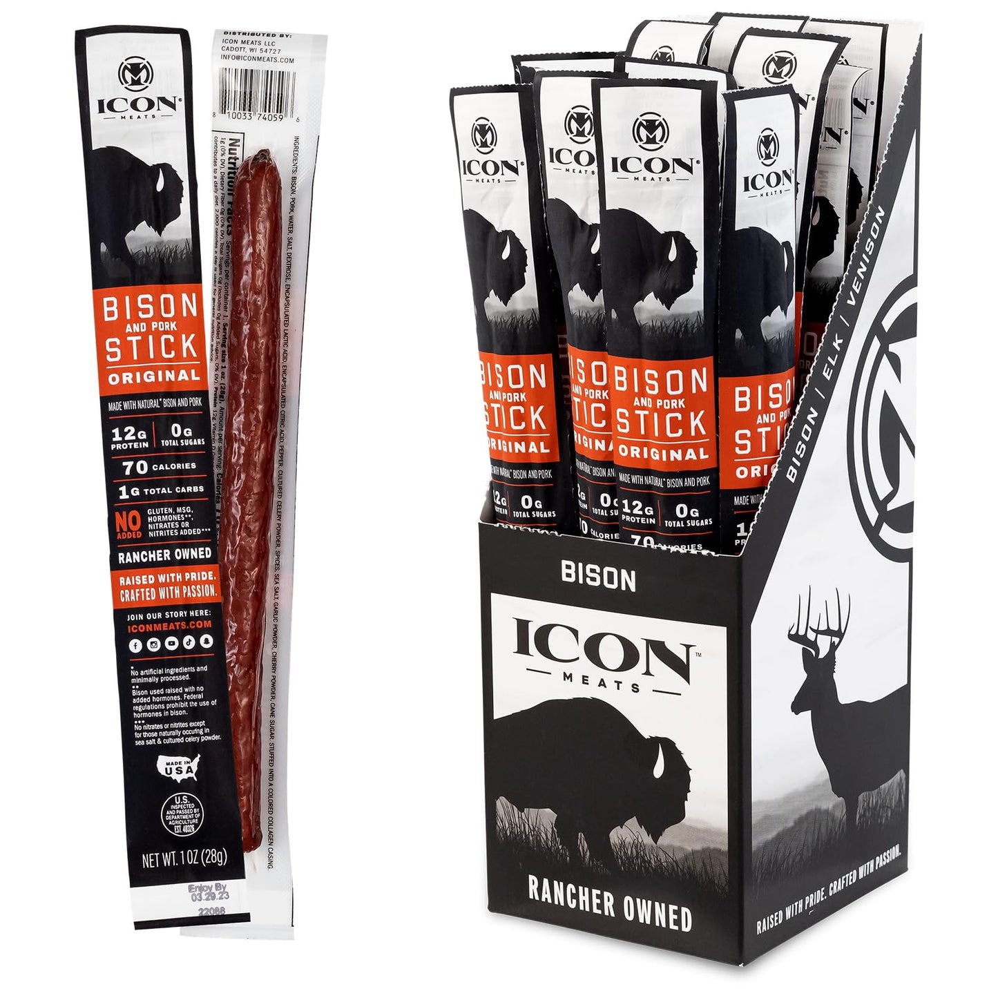 ICON Meats Snack Sticks Sampler - Assorted Flavors of Bison, Elk, Venison and Pork Jerky Sticks - 24 Pack of Individually Wrapped Meat Sticks, 6 Per Flavor – USDA Approved, All Natural Artisan Meats