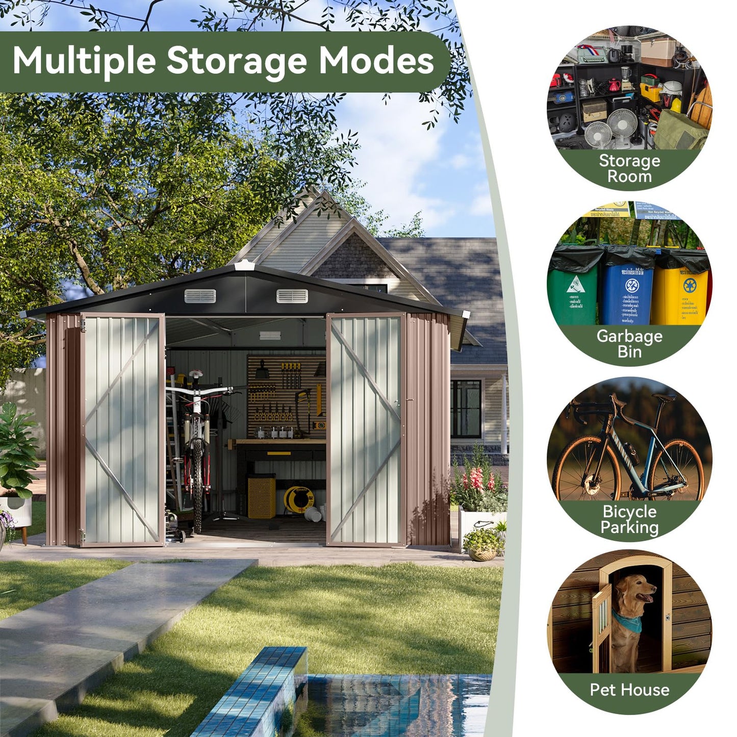 Aoxun 12x10 FT Shed Metal Outdoor Waterproof Storage Shed Steel Utility Garden Tool Shed with Door & Lock Outdoor Storage for Garden Patio Lawn Poolside, Brown
