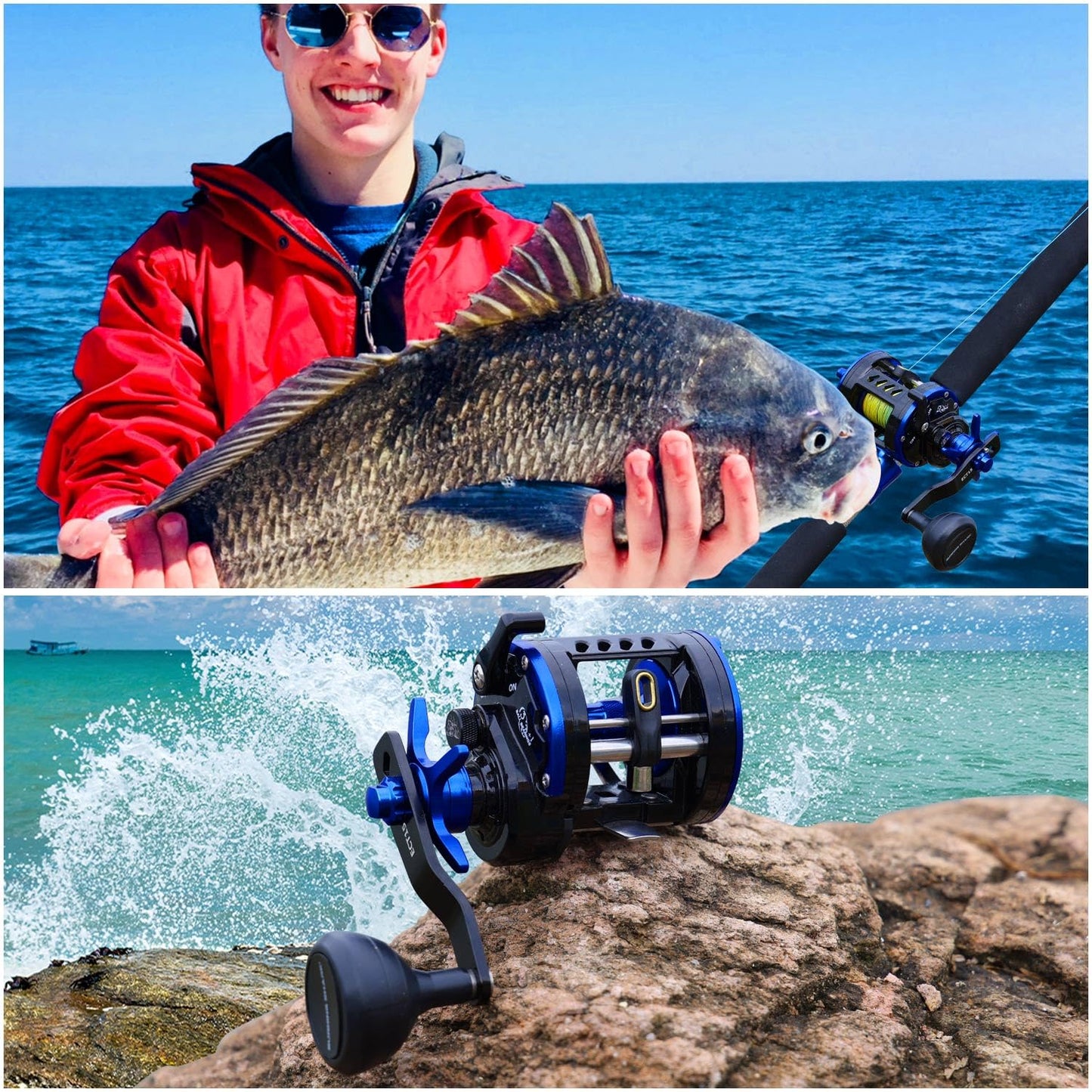 Baitcasting Fishing Reel, Smooth Powerful Round Baitcaster Reel, Saltwater Inshore Surf Trolling Reel, Conventional Reel for Catfish, Musky, Bass, Pike