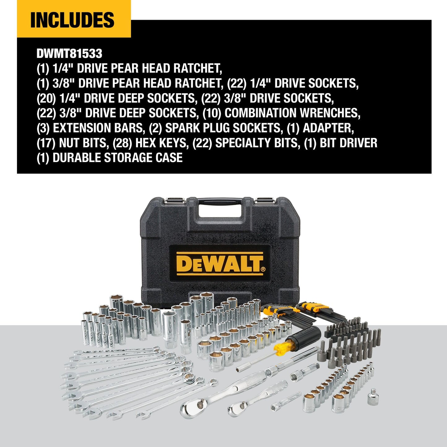 DEWALT Mechanics Tool Set, 1/4" & 3/8" & 1/2" Drive, SAE/Metric, 205-piece (DWMT81534)