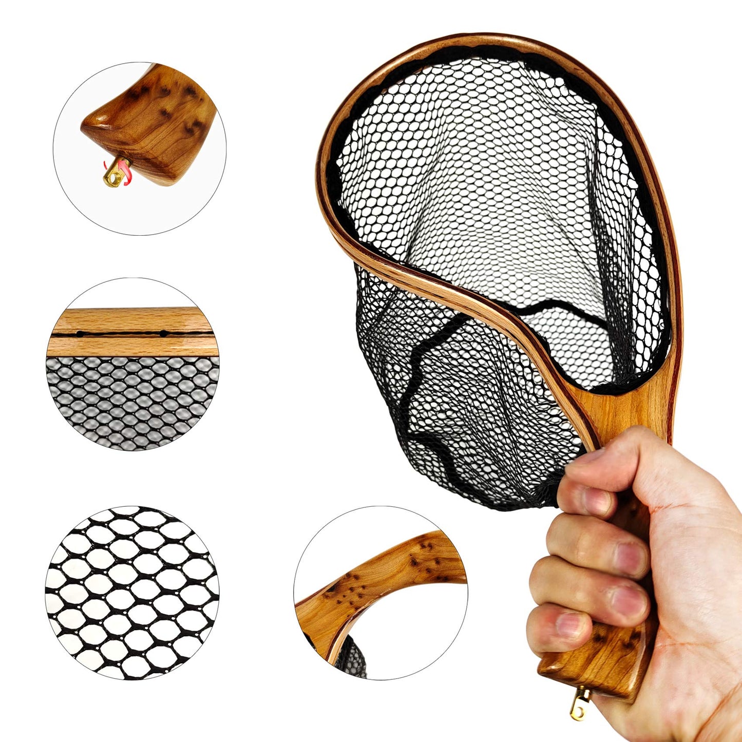 Aventik Wooden Fly Fishing Landing Net with Rubber Ghost Mesh and Magnetic Release - Catch & Release Friendly