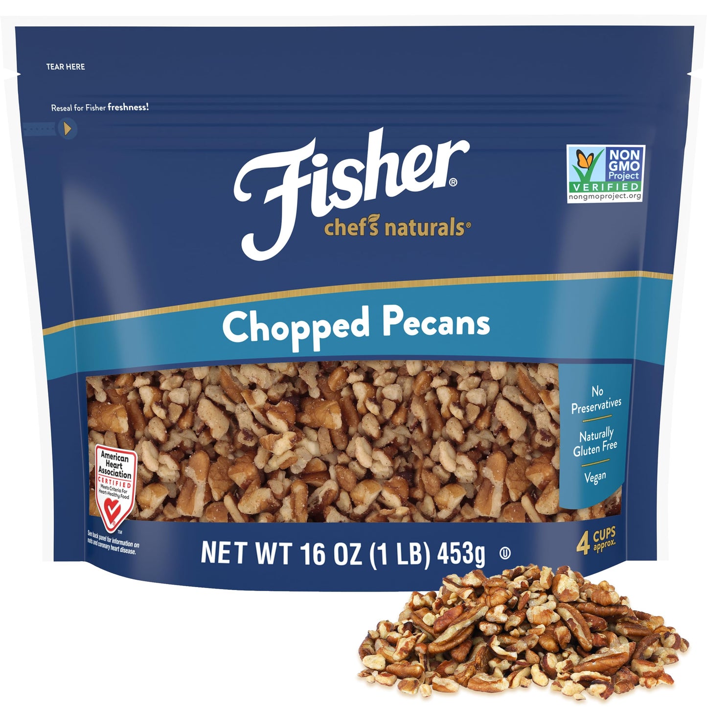 Fisher Chef's Naturals Pecan Halves 24 oz Resealable Bag, Unsalted Raw Nuts for Cooking, Baking & Snacking, Healthy Snacks for Adults, Vegan Protein, Keto Snack, Gluten Free Raw Pecans Halves