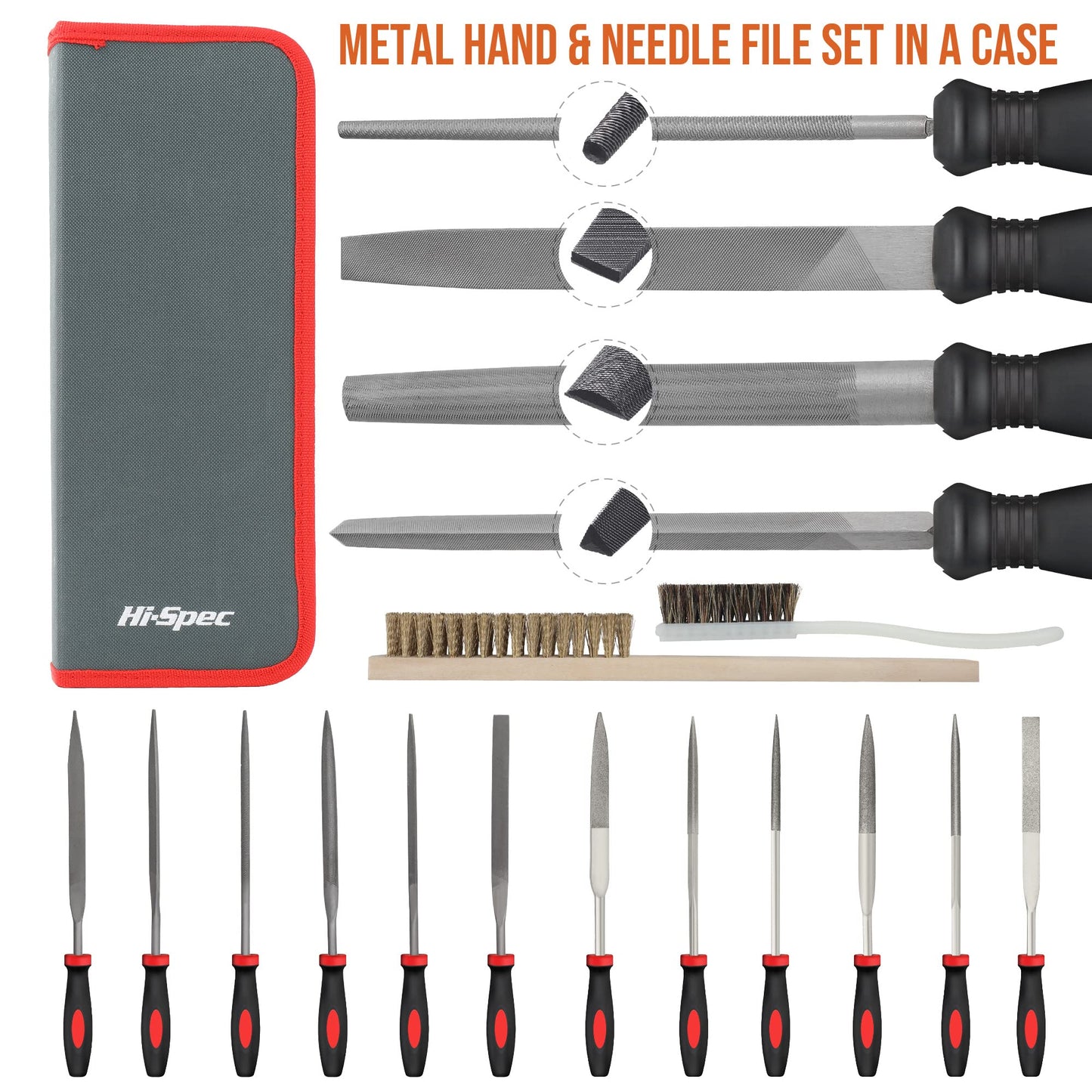 Hi-Spec 17 Piece Metal Hand & Needle File Tool Kit Set. Large & Small Mini T12 Carbon Steel Flat, Half-Round, Round & Triangle Files. Complete in a Zipper Case with a Brush