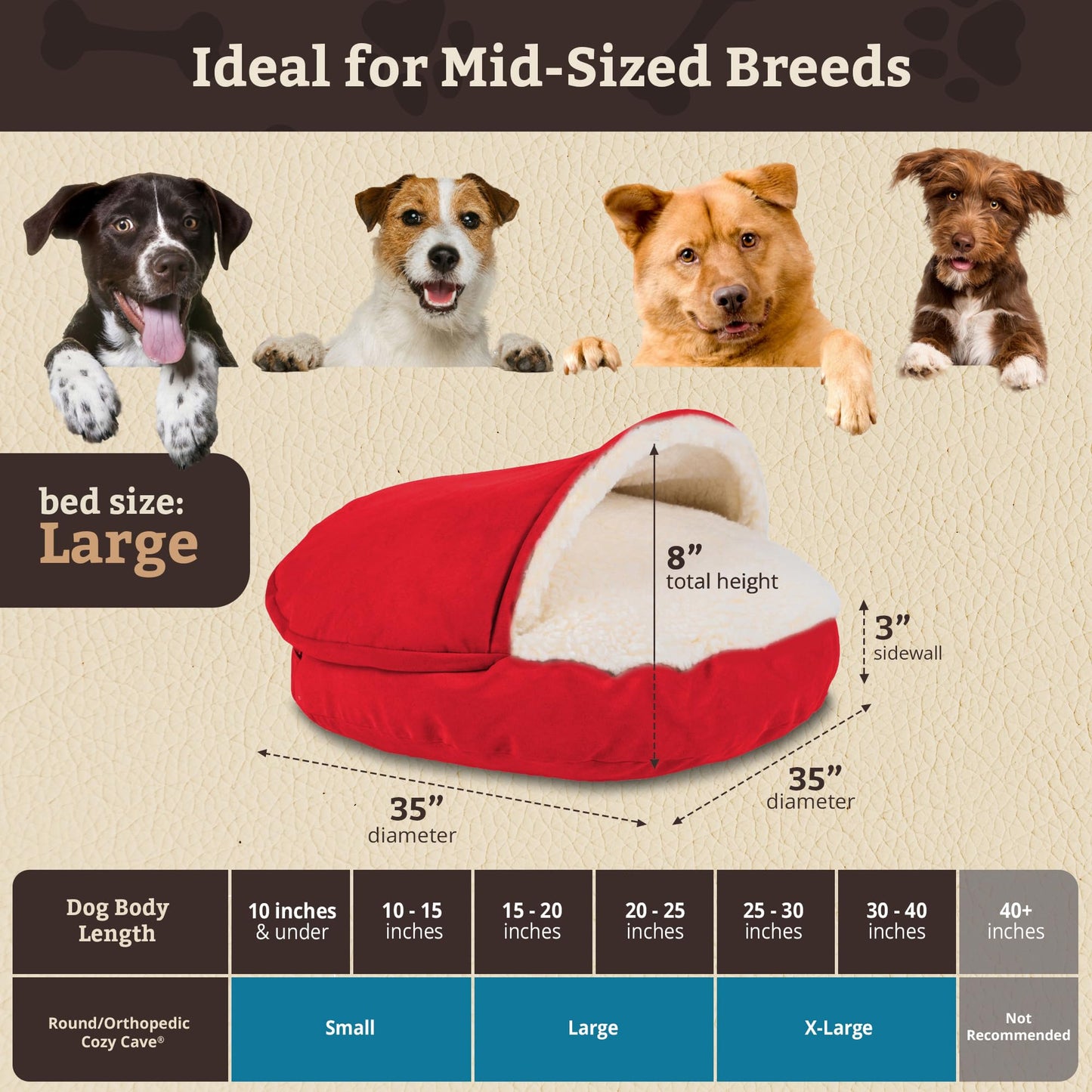 Snoozer Classic Poly-Cotton Cozy Cave Pet Bed, Large, Red